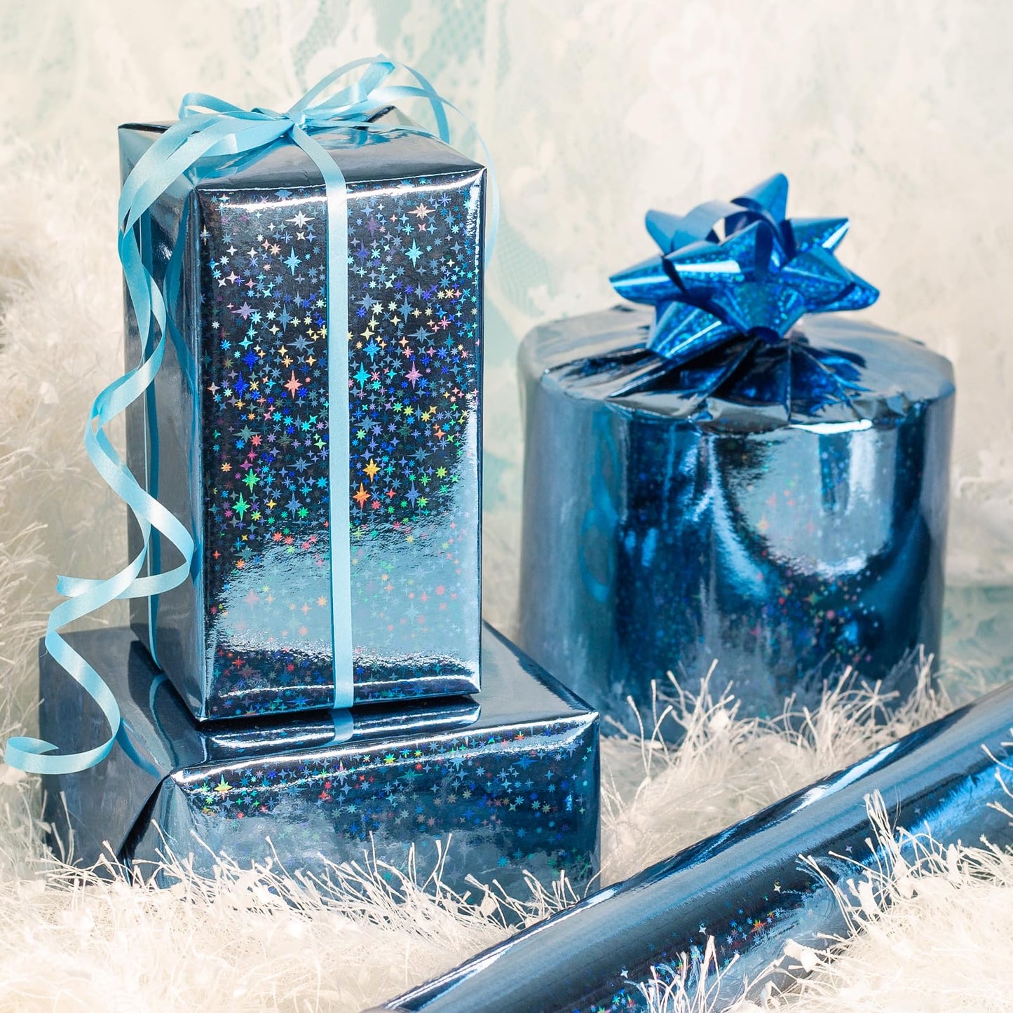 Flyhill Blue Holographic Wrapping Paper Roll, Metallic Holographic Shinning Galaxy Star Gift Wrap for Father‘s Day,Wedding,Birthday - Mini Roll 17inch*32.8ft
