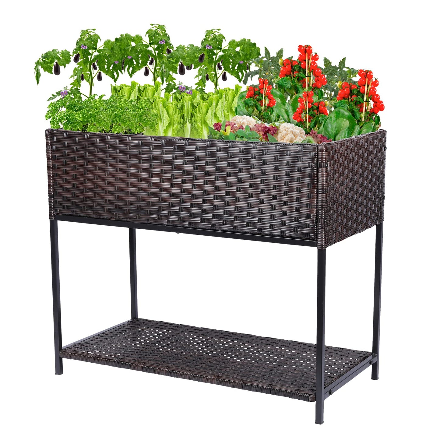 Chonsun Raised Garden Bed - 3x1.5x2.5 ft Rattan Raised Bed Wicker Elevated Raised Garden Bed with Underneath Tool Storage Rack Shelf, Outdoor Raised Flower Planter Box