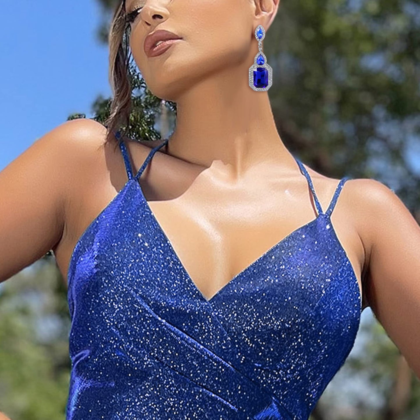 BriLove Women's Wedding Bridal Dangle Earrings Emerald Cut Crystal Infinity Figure 8 Chandelier Jewelry Royal Blue Sapphire Color Silver-Tone