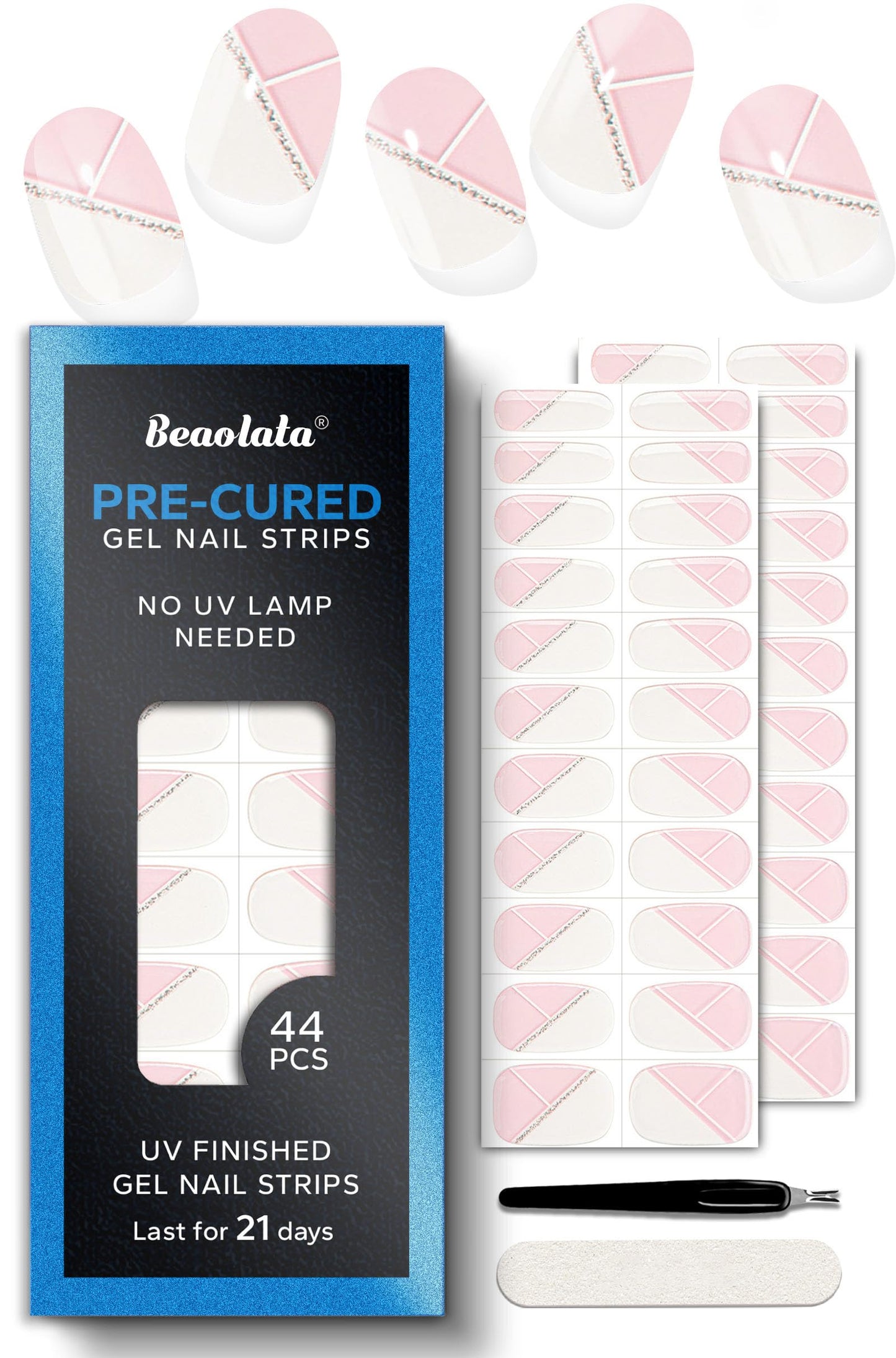 Beaolata Real Gel Nail Strips (No UV Light Needed) - 44Pcs Salon Quality Nail Stickers - Long Lasting Polish Wraps for Women, Easy Apply & Remove (Minimalist Dawn)
