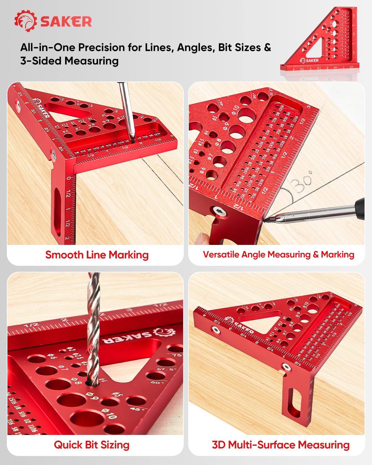 Saker 3D Multi-Angle Measuring Square Ruler, Aluminum Alloy Carpenter Square, 0-90° Precision Hole Scribing Ruler with Angle Pin for Woodworking, Engineering, and Construction Projects