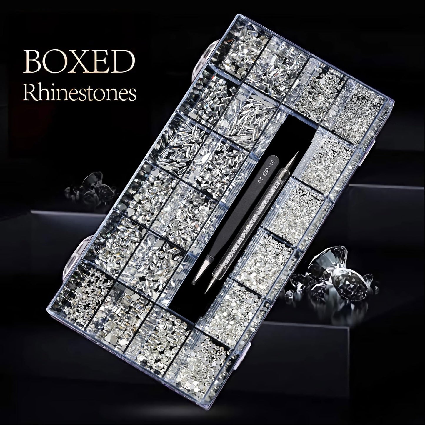 Yzzseven 12 Types of 600 White Diamonds + 2500 Flat Rhinestones Mix 20 Styles Flatback DIY Crafts Rhinestone Crystals 3D Ornament‌s Flat Back Stones Set + Tweezers + Drill Pen