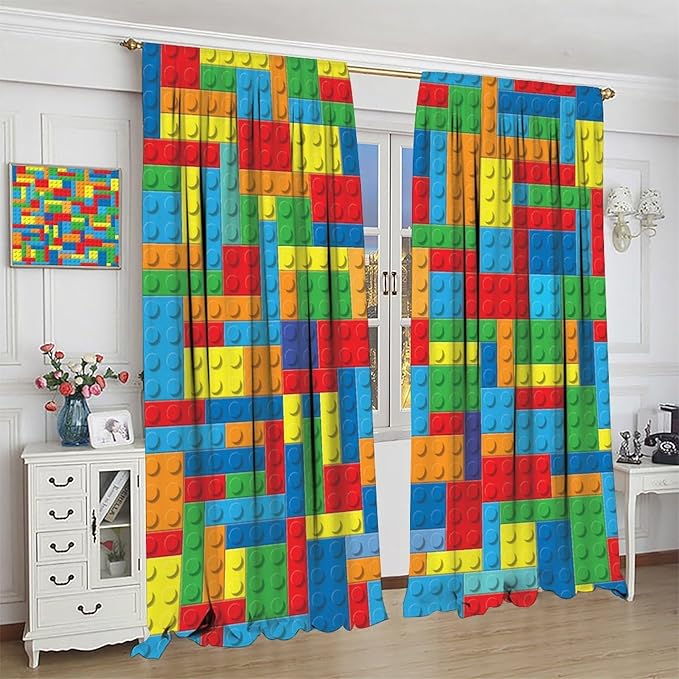 Colorful Building Block Toy Printed Curtains, Building Blocks, Curtains, Fun Brick 3D Design, Kids, Teens, Girls, Boys, Living Room, Bedroom, Window Treatment Panels, 2 Panels 55x63in