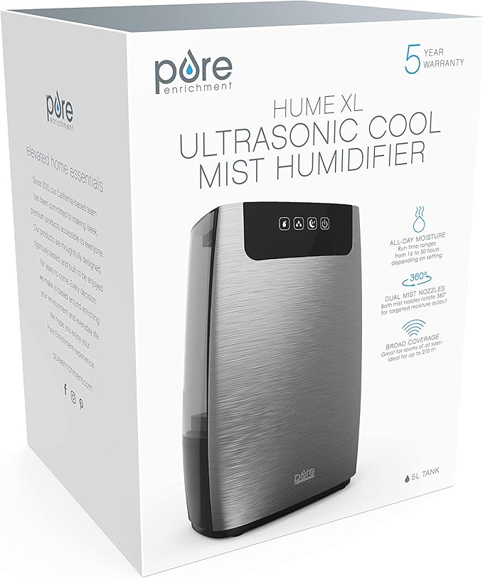 Pure Enrichment HumeXL Ultrasonic Cool Mist Humidifier - Large, Easy-to-Clean 5-Liter/1.3 Gallon Water Tank, Touch-Button Control, High/Low Mist, 2 Independent 360° Mist Nozzles and Night Mode