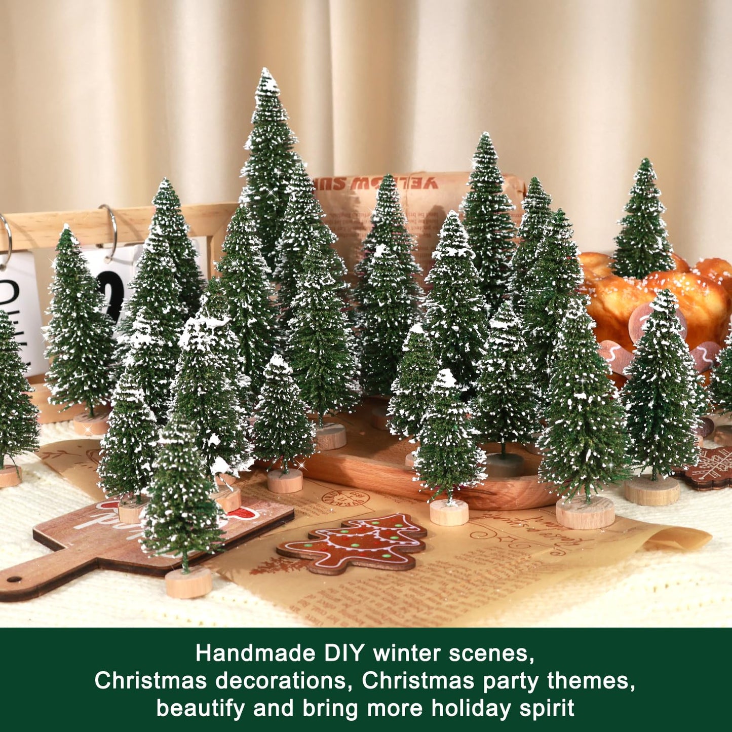 30Pcs Mini Christmas Trees Artificial Christmas Tree Bottle Brush Trees with Wooden Base for Christmas Decor Christmas Party Home Table Craft Decorations(Green-A)