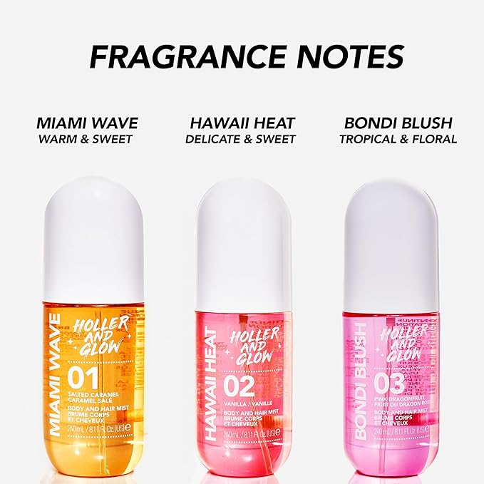 Holler and Glow Hawaii Heat Body & Hair Mist, Warm Vanilla, Peony & Amber Scent, Long-Lasting Daily Fragrance, Lightweight, Vegan, Cruelty-Free, Alcohol-Free, Hydrating Hair Perfume, 8.11 Fl Oz