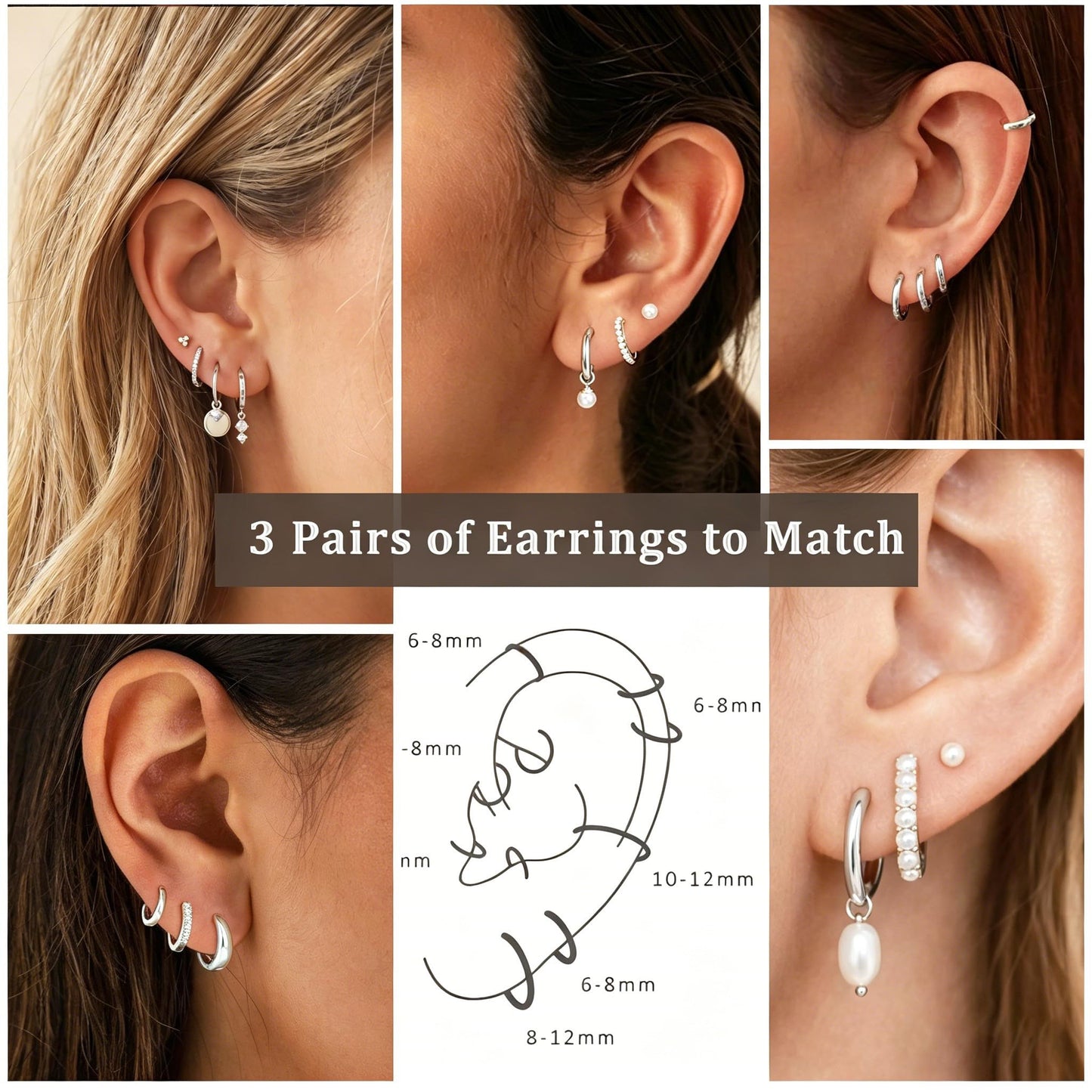 DORANA Silver Pearl Hoop Earrings for Women Non Tarnish Small Huggie Earrings 925 Sterling Silver Hypoallergenic Cartilage Stackable Sleeper Hoops Stacks Sets for Multiple Piercing, 3 Pairs