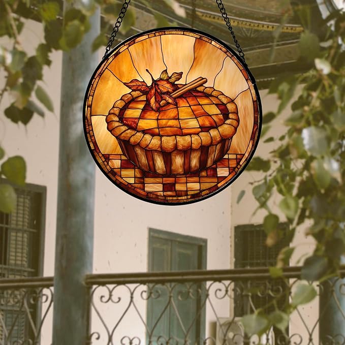 Stained Glass Window Hanging 4 Pcs Set Brown Turkey Berry Corn Large 15" - Suncatcher Door Garden Sun Catcher Decor Birthday Thanksgiving Mother's Day for Mom Woman Nana Men