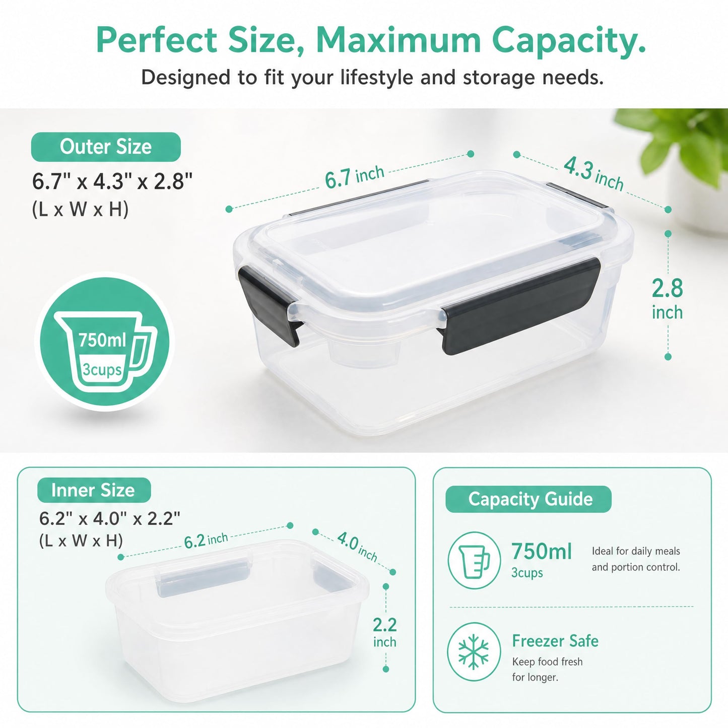 YORY 3 cup Plastic Food Storage Containers with Lids Nestable Freezer Dishwasher Safe Rectangle Container Set,5-Pack