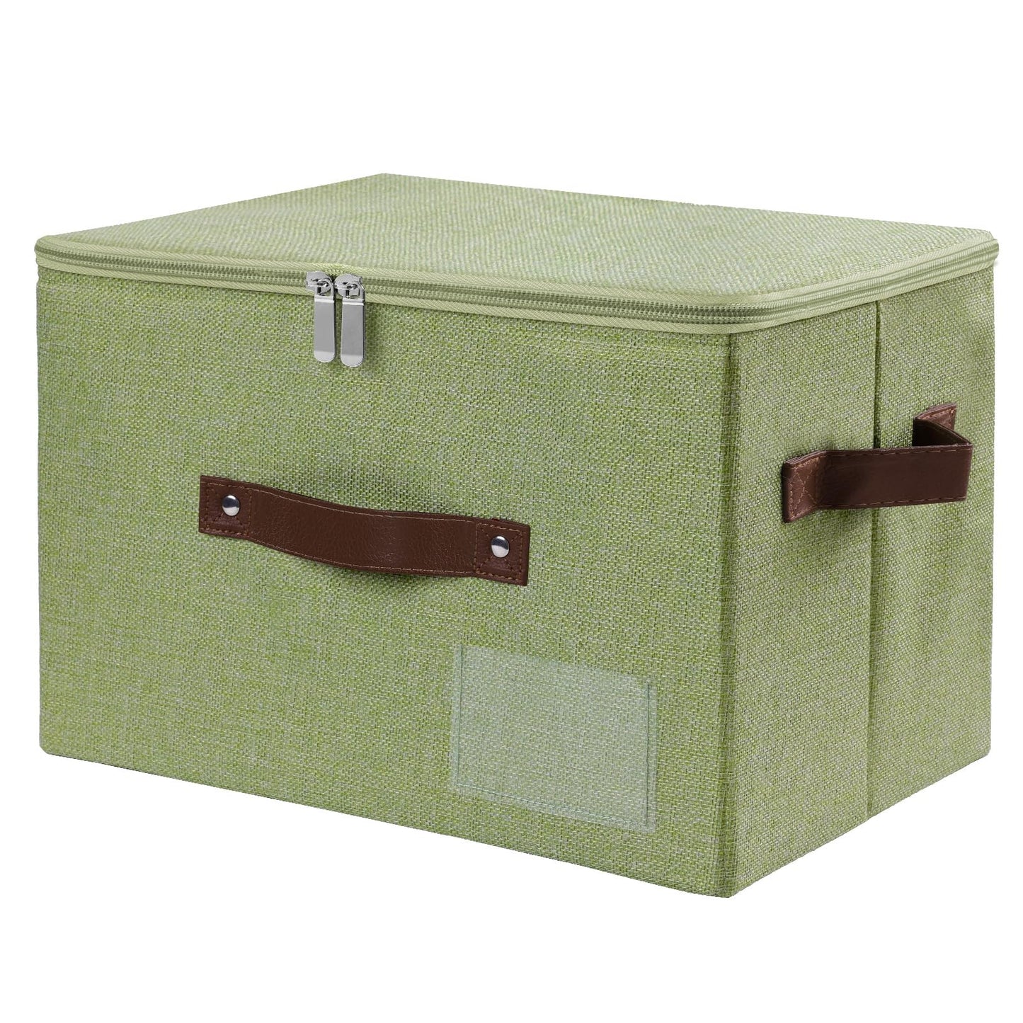 Lucky Monet 1PCS Storage Bins with Zipper Lids 15"x10"x10" Foldable Lidded Fabric Storage Boxes Baskets Cotton Linen Closet Shelf Clothes Organizer with Handles & Label Pocket (Green, Large)