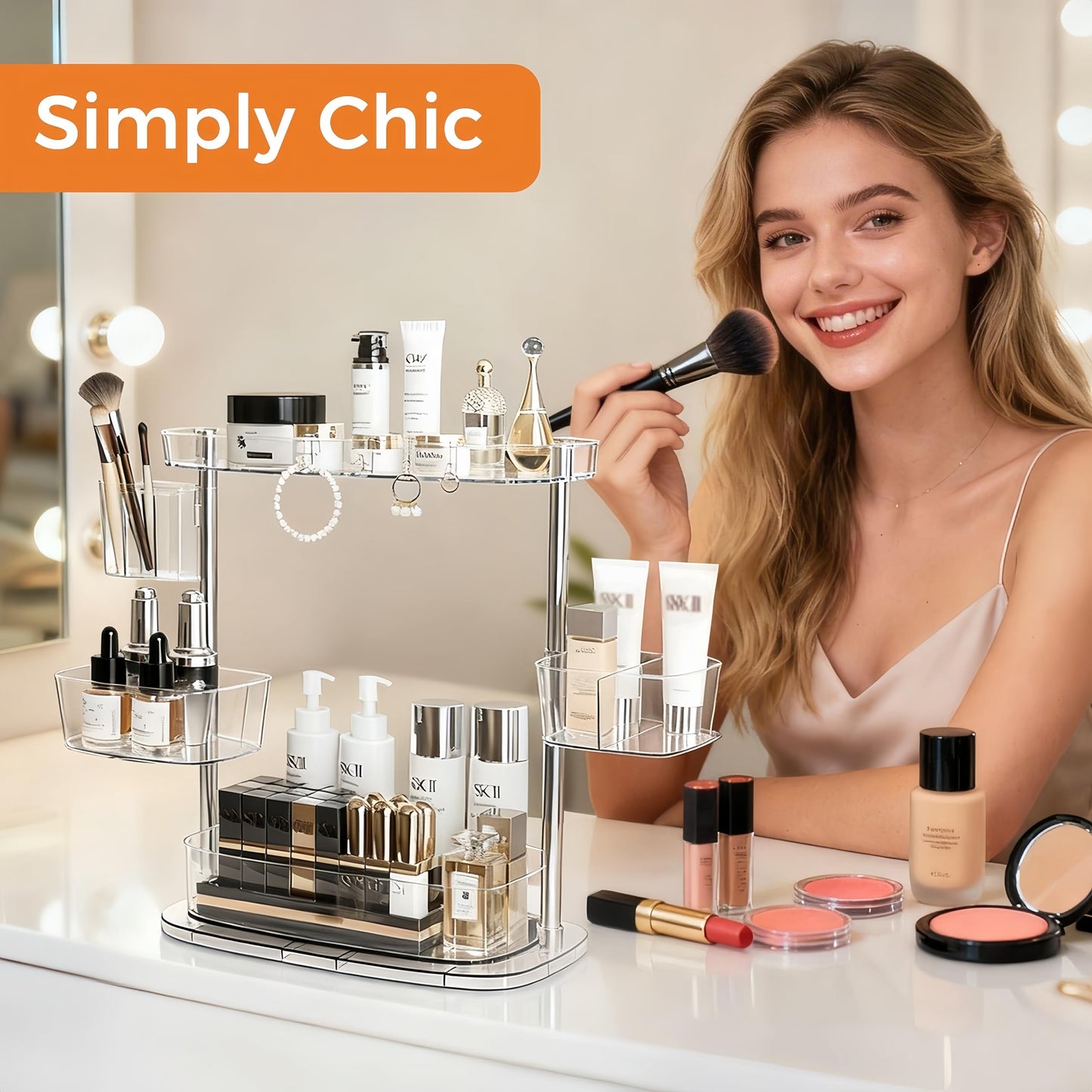YOSHIONAL Rotating Makeup Vanity Organizer, Bathroom Countertop Cosmetic Skin Care Storage,Cosmetic Display Case with Brush Holder,for Skincare Perfume Cosmetics,Detachable Hanging Trays & Hooks