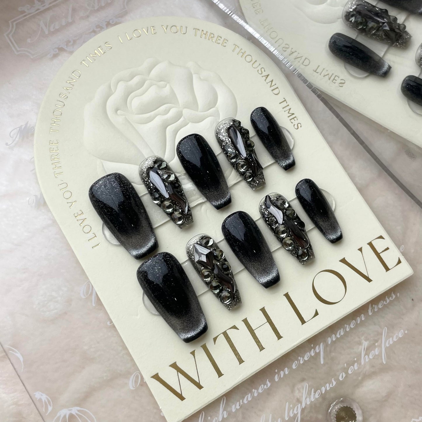 Handmade Press on Nails Square Black and White Cat’s Eye Decoration with a Starry Sky Pattern and Gemstones Acrylic Nails Press on Handmade Nails Luxury Press on Nails(S)