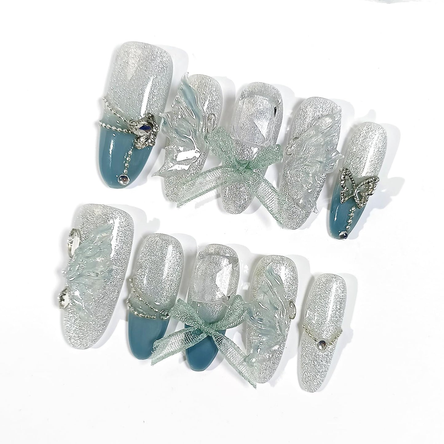 TENPAL French Tip Press on Nails Medium Almond Jade Green Butterfly Designs Fake Nails With Smoothie Cat Eye Handmade Acrylic False Nails Press Ons 10pcs/Box Ballet Nails For Women Spring Summer(S)