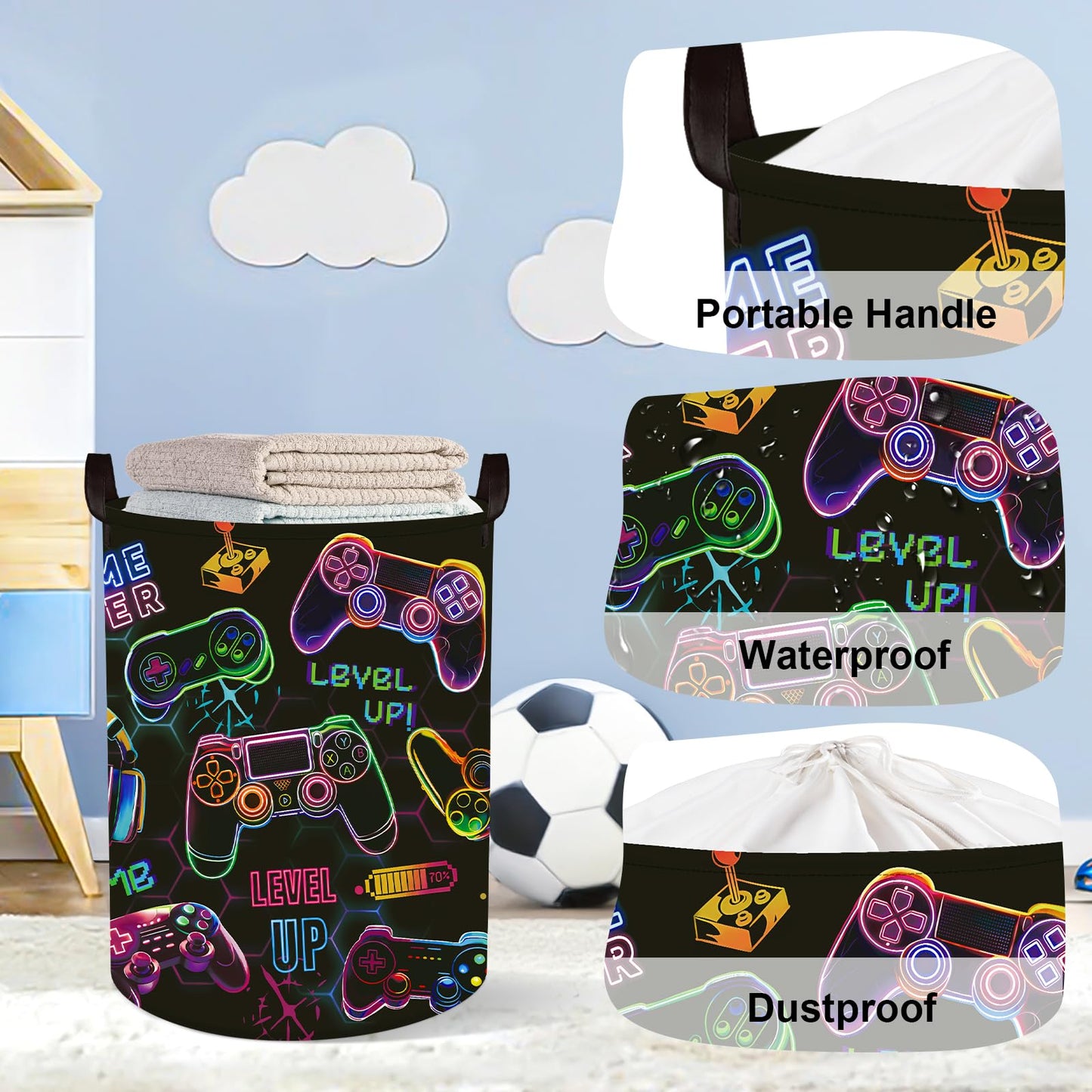 HUUMONSS Gaming Laundry Hamper Game Controller Console Large Storage Basket Collapsible Parents Organizer Boys Clothes Toy Bins for Bedroom, Bathroom, Black, 63L
