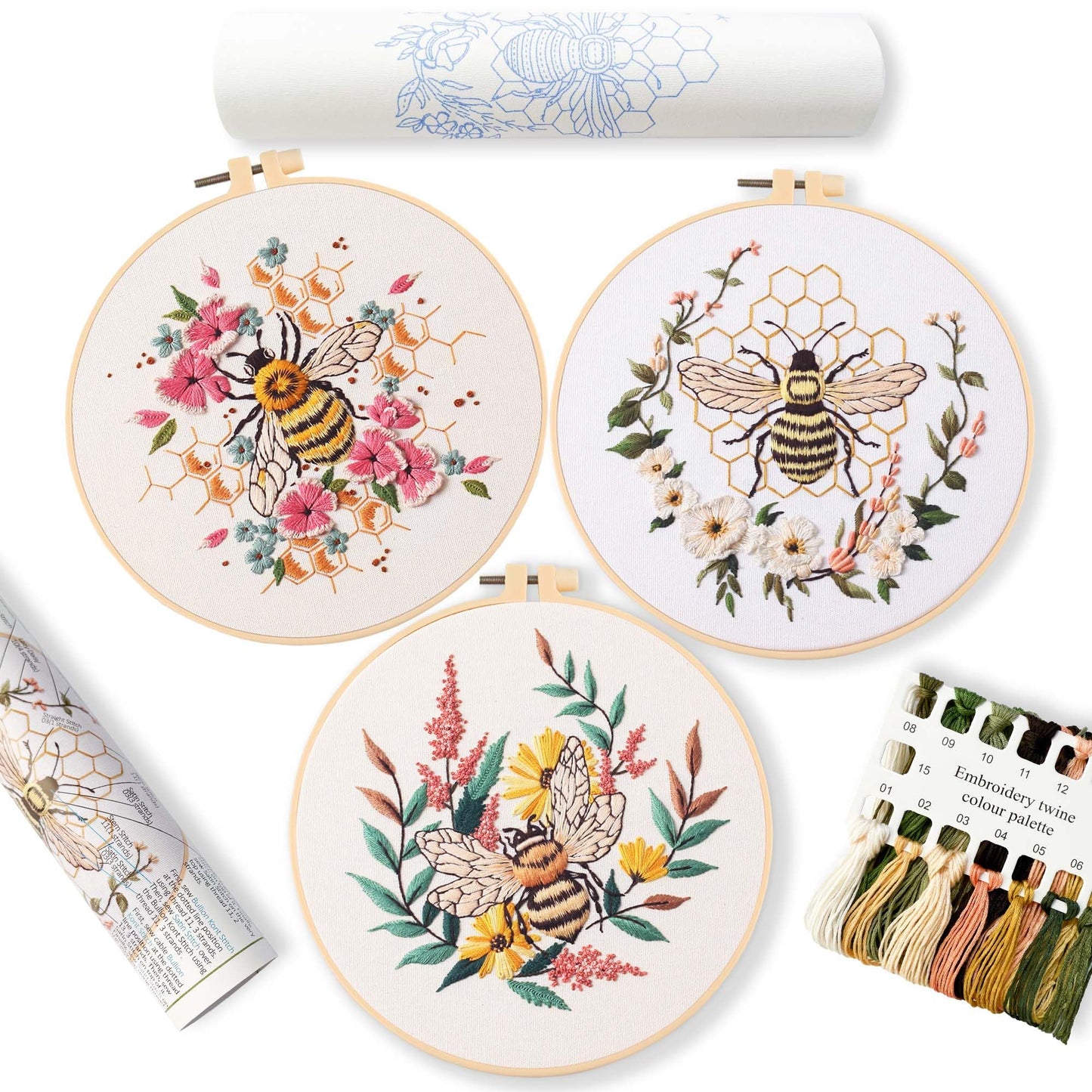 REEWISLY 3 Pack Embroidery Starter kit Patterns, DIY Adult Cross Stitch Kits Beginner, Including 3 Plastic Embroidery Rings, 1 Scissors, Colored Threads,Needles and Instructions