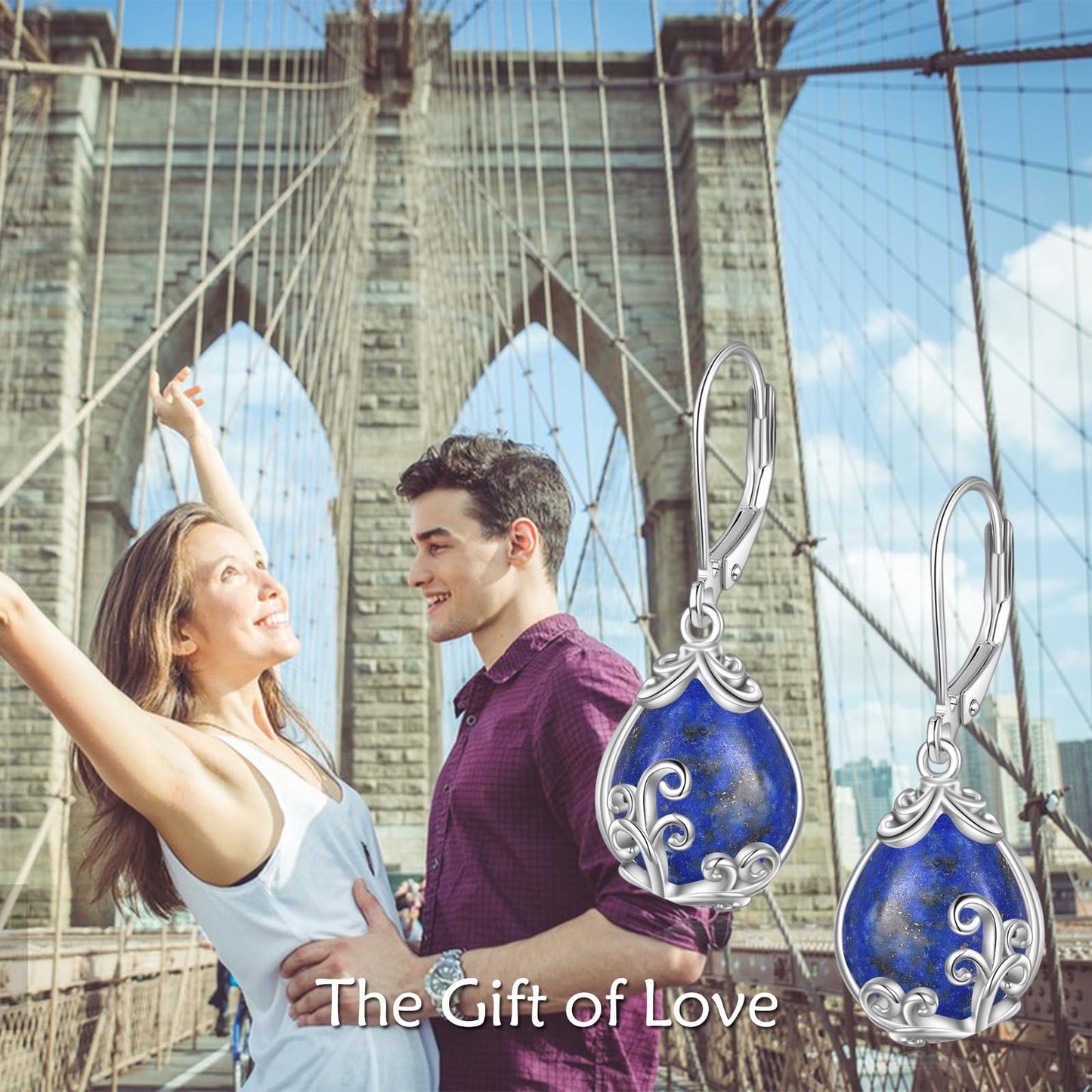 POPLYKE Lapis Lazuli Filigree Teardrop Drop Dangle Earrings Sterling Silver Crystal Leverback Earrings Jewelry for Women