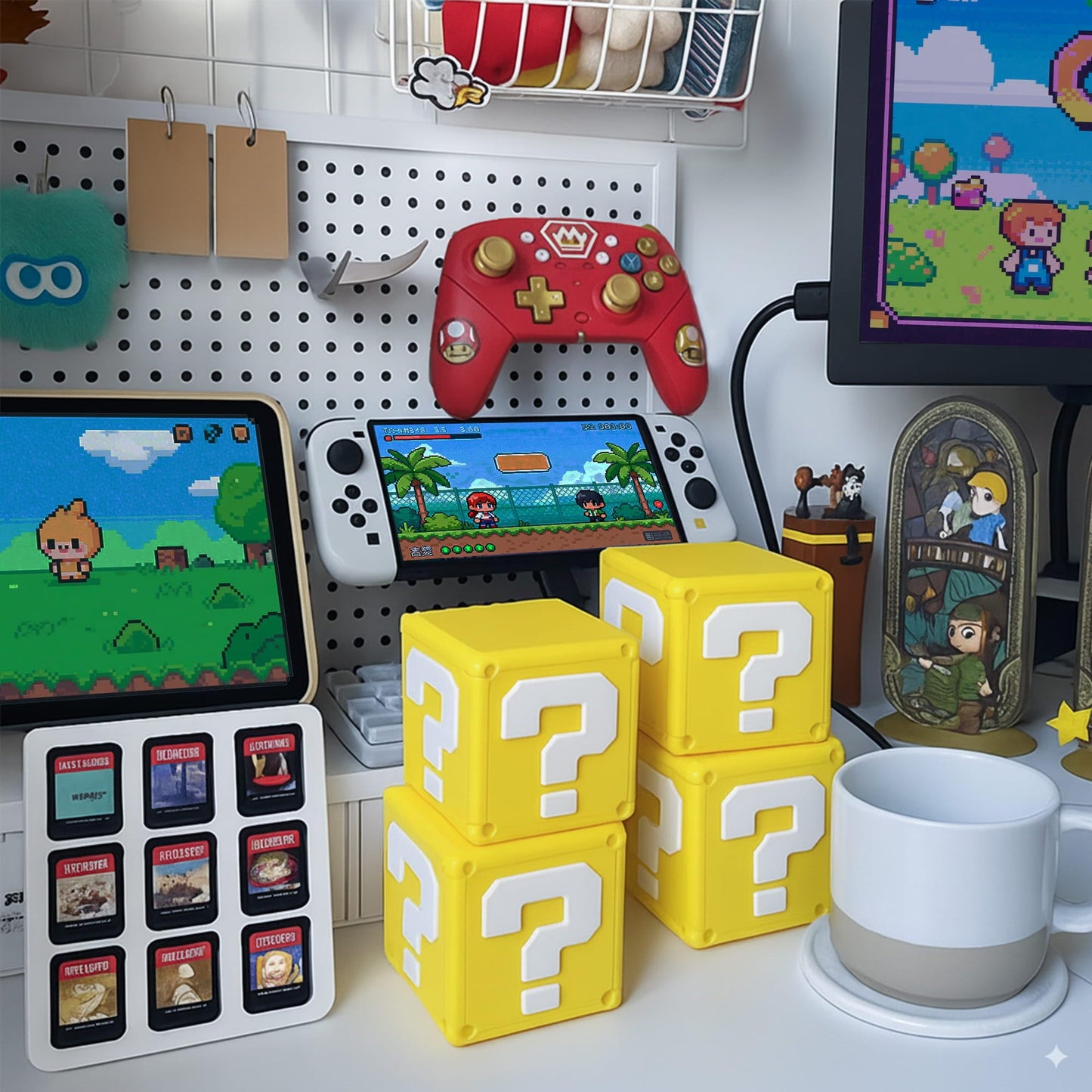 Game Card Holder for Nintendo Switch – 13-Slot Cartridge Case, 3D Printed Retro Question Mark Style, Fits All 1st & 2nd Gen Game Cards, Yellow Organizer Box for Switch, Cool Gamer Gift & Desk Decor