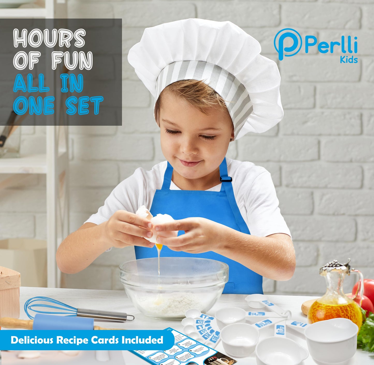 PERLLI Kids Real Cooking Set for Cooking and Baking – 31 Pc. Gift for Junior Chef with Real Utensils, Case & Safe Kids Knife Set for Boys & Girls – Fine Motor Skills & Fun for Children Ages 6+, Blue