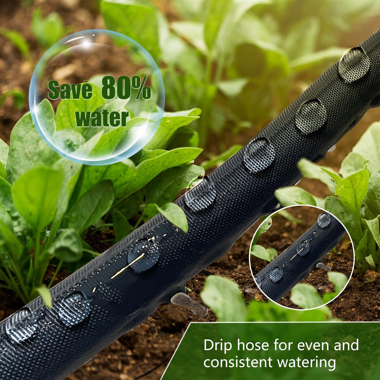 Soaker Hose 100FT, Thickened Flat Soaker Hoses For Garden 100 ft 2 pack, Drip Irrigation Hose Saves 80% Water, Leak-free Design Water Hose with Holes For Lawn, Flower Bed, Vegetable Field (50 FT x 2)