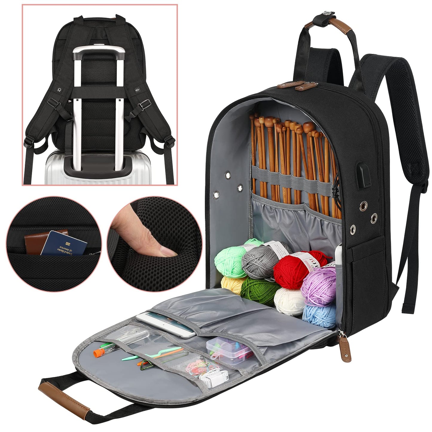 Crochet Bag Backpack,Knitting Bag Backpack and Totes Organizer with USB Charging Port, Large Yarn Storage Tote Bag Yarn Holder Case for Knitting Needles, Crochet Hooks,fits 15.6 inch Laptop,Black