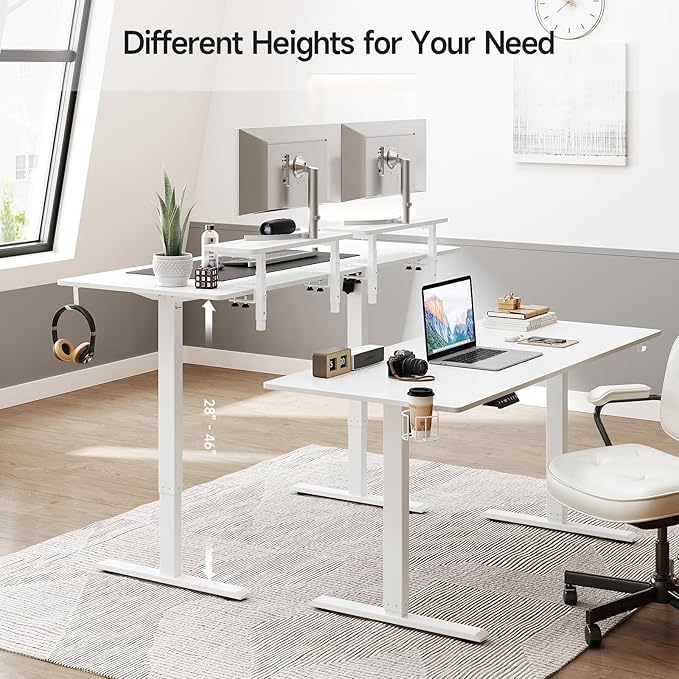 ONBRILL Standing Desk with 2 Adjustable Monitor Shelves, 71 x 24 Inches Electric Stand Up Desk with Memory Controller and Adjustable Height from 28-46 inches for Computer Workstations, White