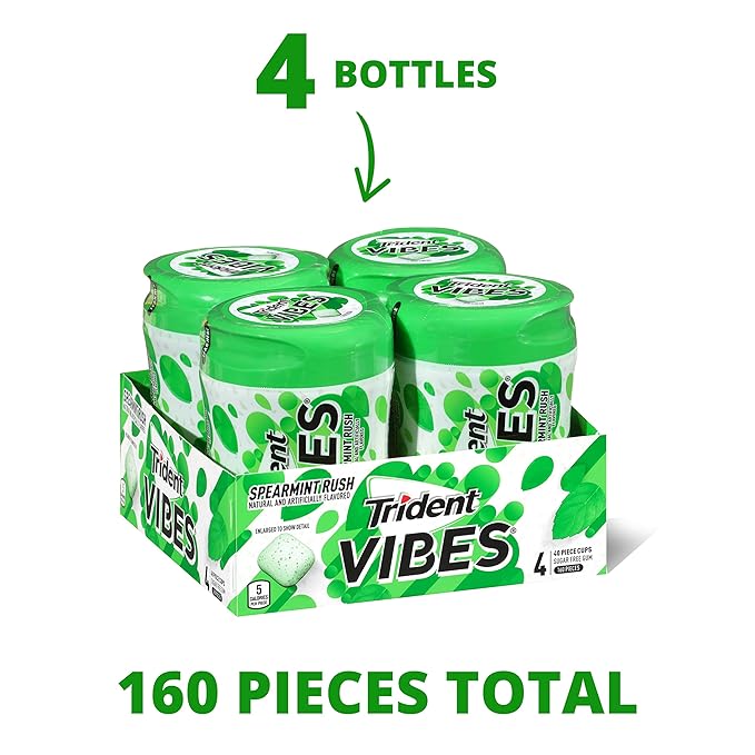 Trident Vibes Spearmint Rush Sugar-Free Chewing Gum, 4 Bottles of 40 Pieces (160 Total Pieces)