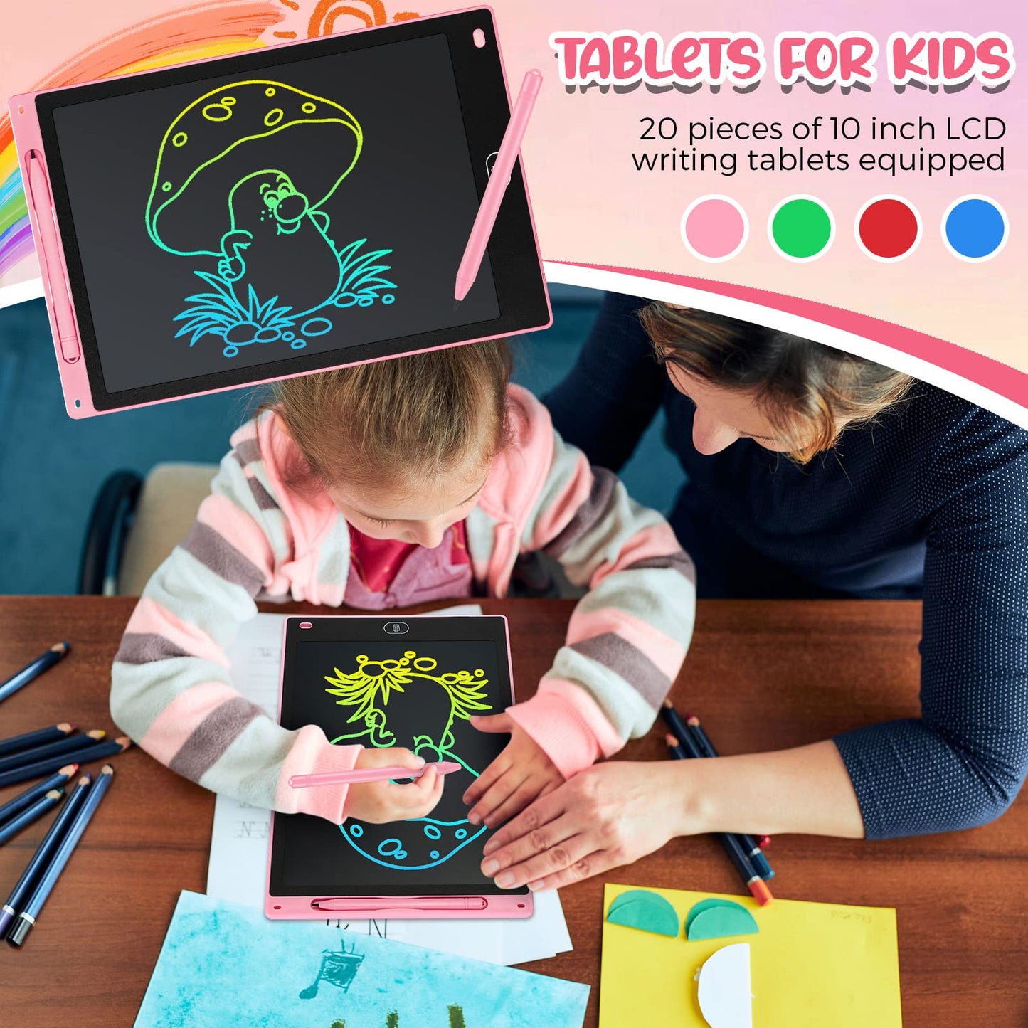 20 Pcs LCD Writing Tablet for Kids 10 Inch Electronic Doodle Board Colorful Screen Doodle Board Erasable Pad Drawing Pad for Kids Toddler 6 Years Old Educational Learning Toy (Black Screen)