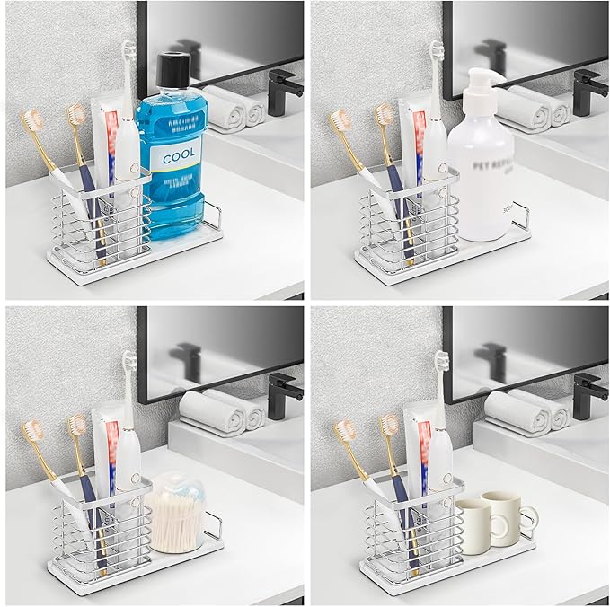 HarJue Toothbrush Holder, Luxurious Metal Toothbrush Toothpaste Holder with Marble Base for Bathroom, Multi-Slots Openwork Design, Bathroom Accessory for Storage and Organizer (Large, Chrome)