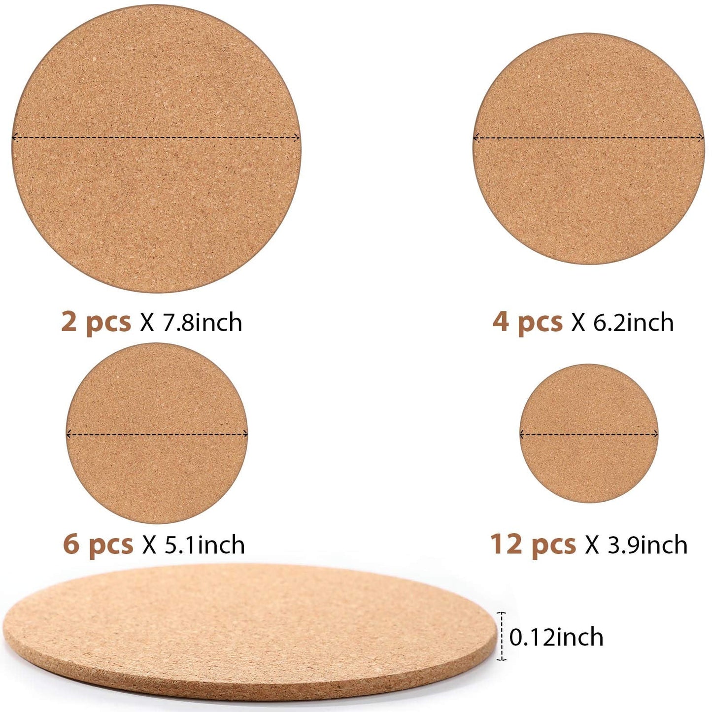 Patelai 24 Pcs Cork Coasters - Thick Round Blank Cork Base Mat for Wine Glasses, Home Bar, Kitchen, Restaurant, Cafe, Wedding Party, 1/4" Thickness, 4 Sizes