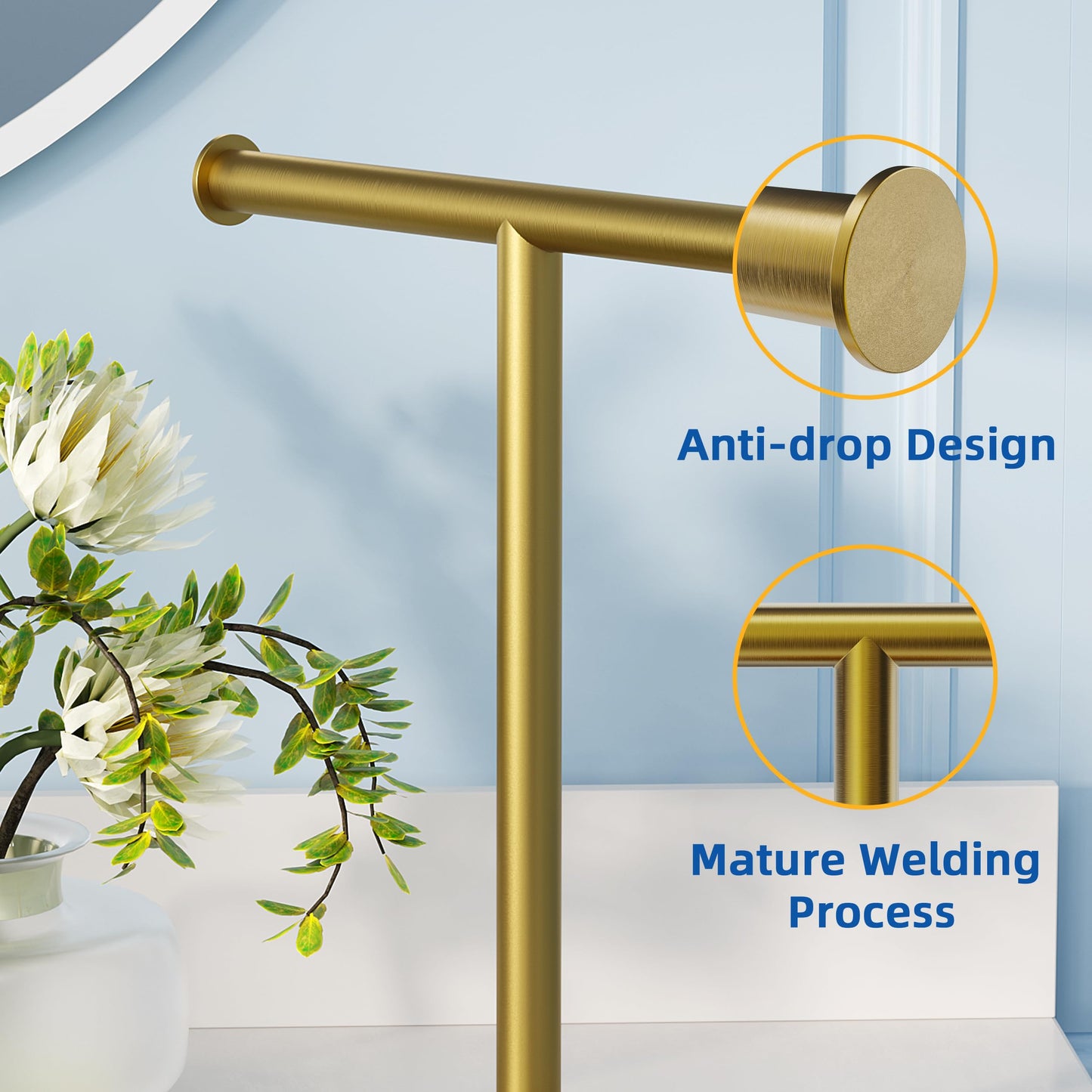RUACQ Hand Towel Holder Stand, T-Shape Stainless Steel Free Standing Towel Rack, Vanity Countertop Towel Holder for Bathroom Kitchen Heavy Duty (Brushed Gold)