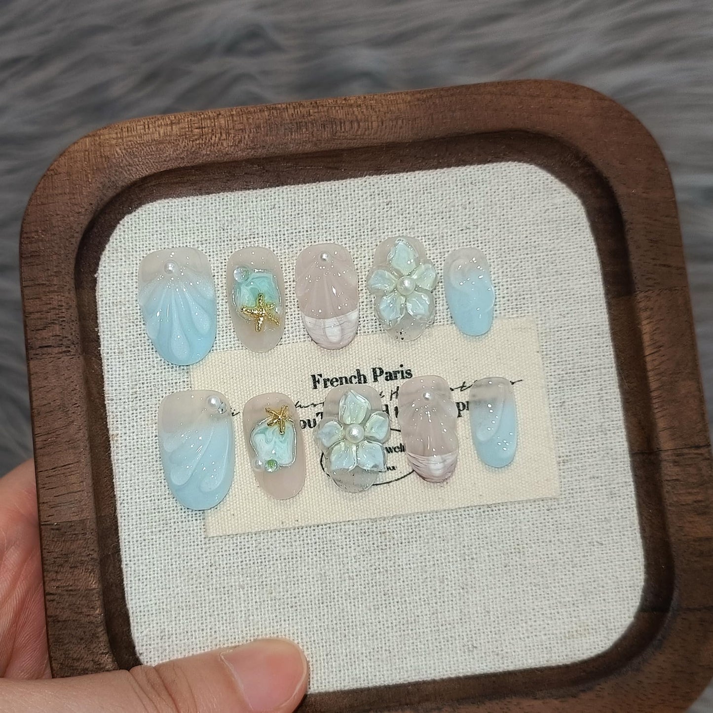 TENPAL Blue French Tips Press on Nails Short Oval,Isle Blue Gradient & Hand-Sculpted Conch Relief False Nails,Ocean Whisper Fake Nails Kit,Glossy Cute Artisan Coastal Zen Nail Art with Tools 10pcs(L)