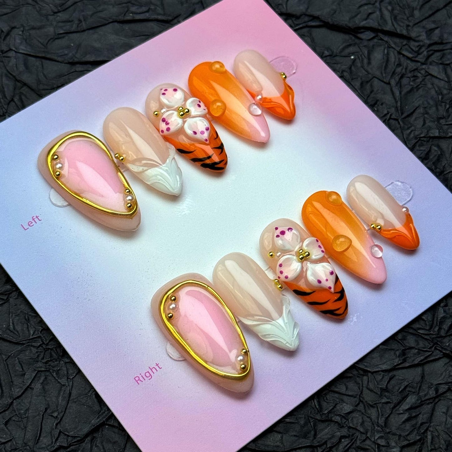 Luxury Medium Almond Press On Nails – French Tip with 3D Flowers, Pearls & Gold Design | Reusable Acrylic Gel Fake Nail | hand made nails S SIZE