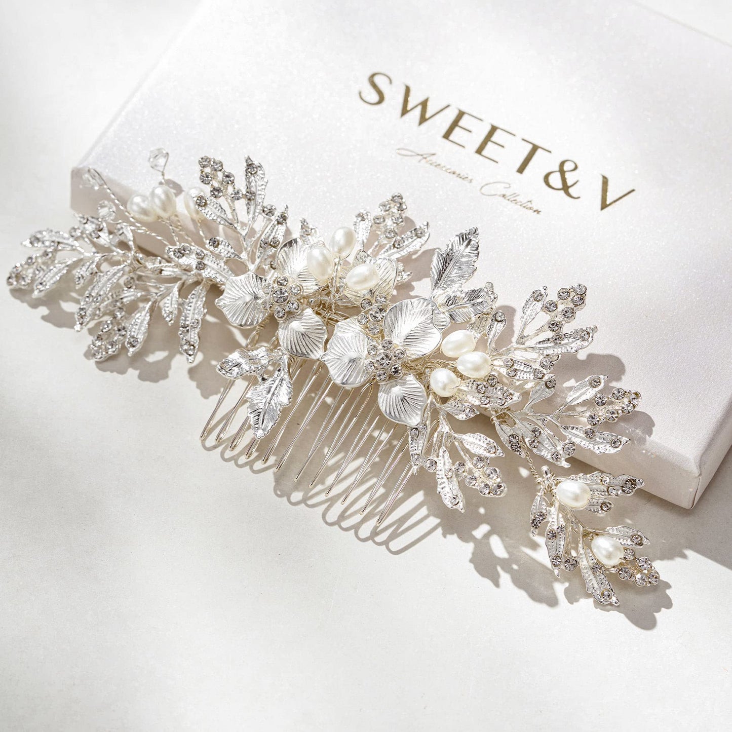SWEETV Handmade Wedding Hair Comb Clip Rhinestone Bridal Hair Comb Piece, Hair Accessories for Brides Wedding, Silver