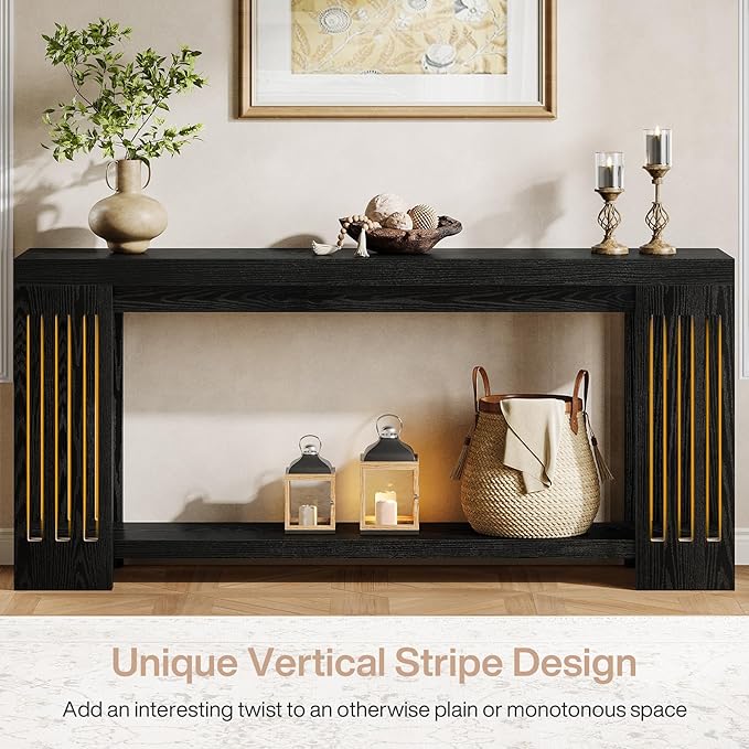 Tribesigns 2-Tier Extra Long Entryway Table, 70.9-Inch Farmhouse Console Table with Vertical Stripe Legs and with Open Shelves for Living Room, Hallway, Black