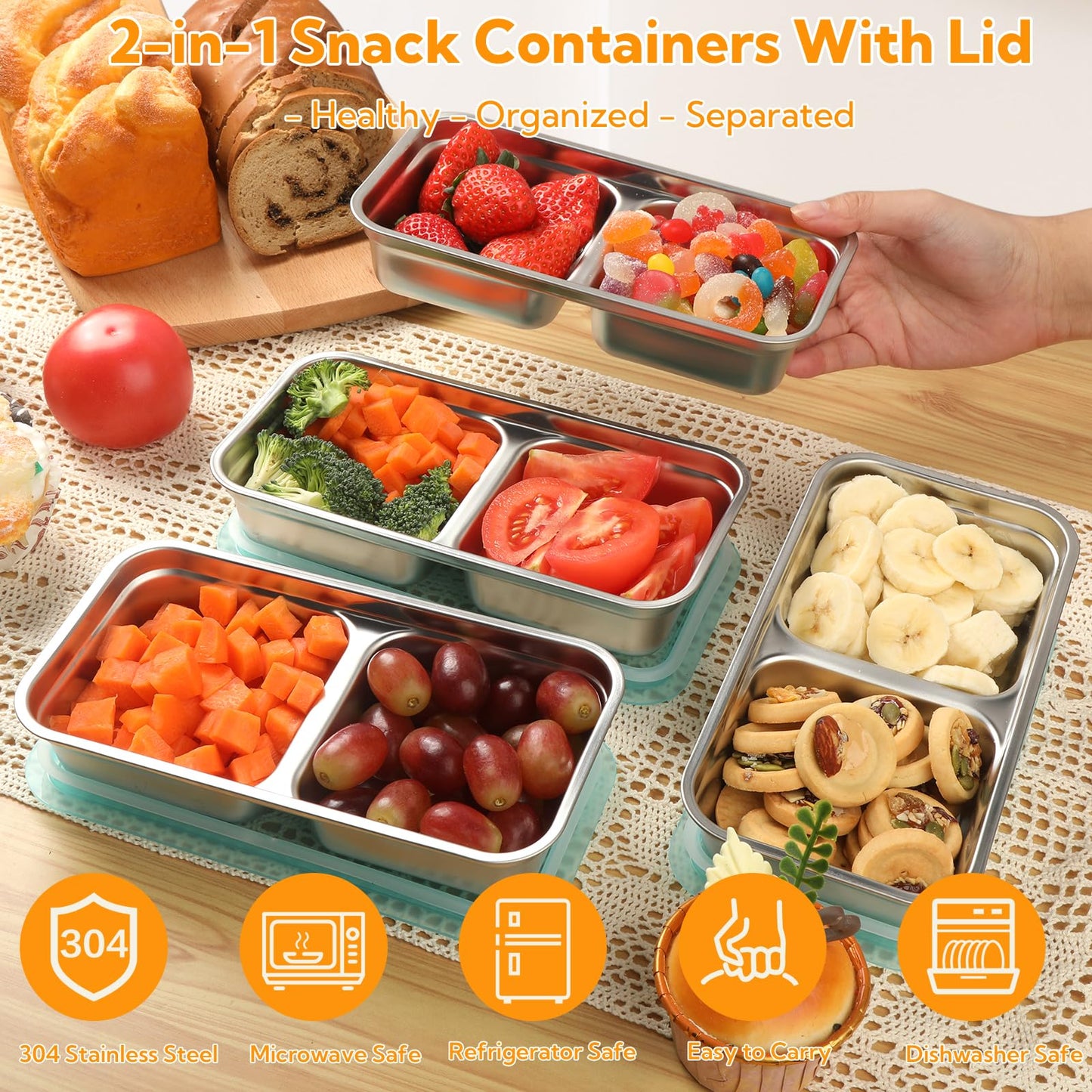VZZNN 12 Pcs Stainless Steel Snack Containers with Lids, 30 oz Double Compartment Bento Box, Reusable Meal Prep & Lunch Box for Adults, Dishwasher Safe, Leakproof (Metal Divided Container Set)