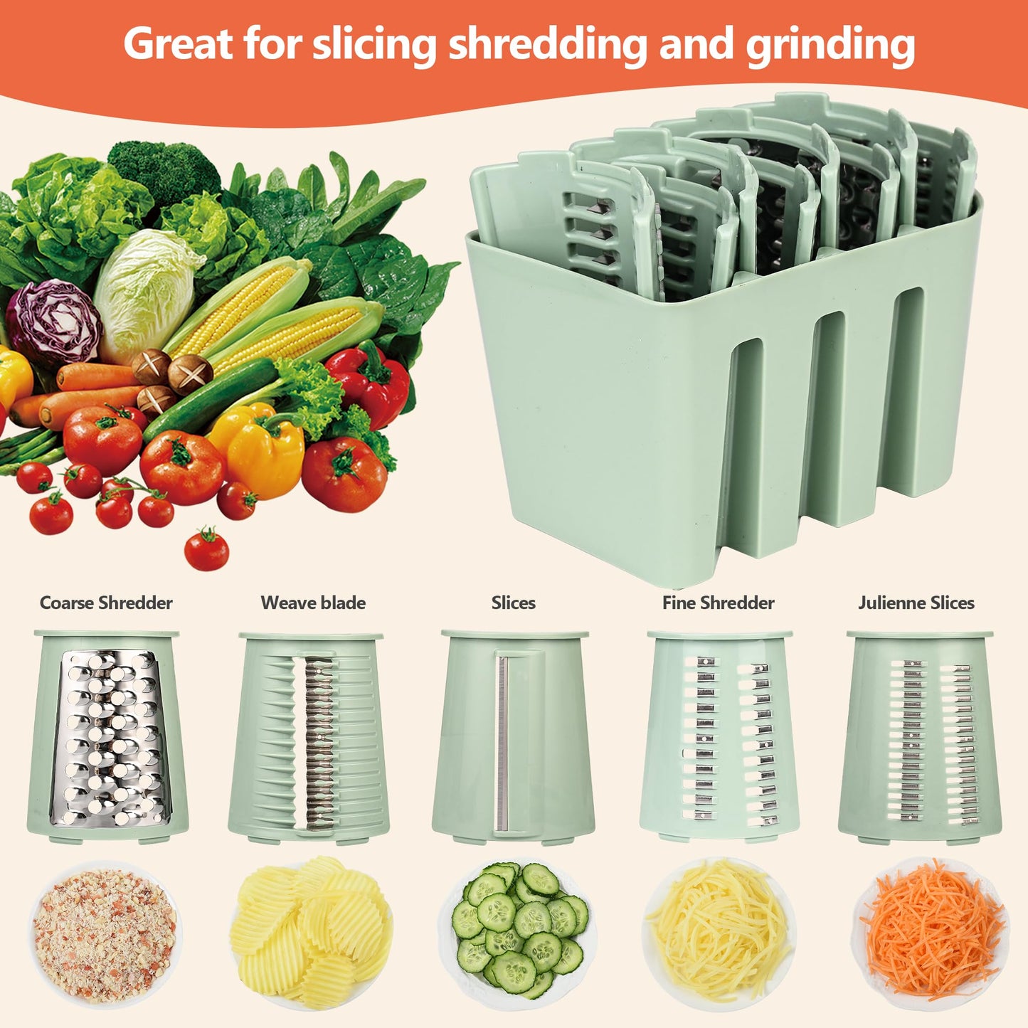 Cheese Grater With Hand Crank Countertop For Kitchen，Grater Shredder With Handle For Kitchen Rotating，Vegetable Slicer，Nuts Grinder Cheese Shredder with Clean Brush(5 Blades Matcha Color)