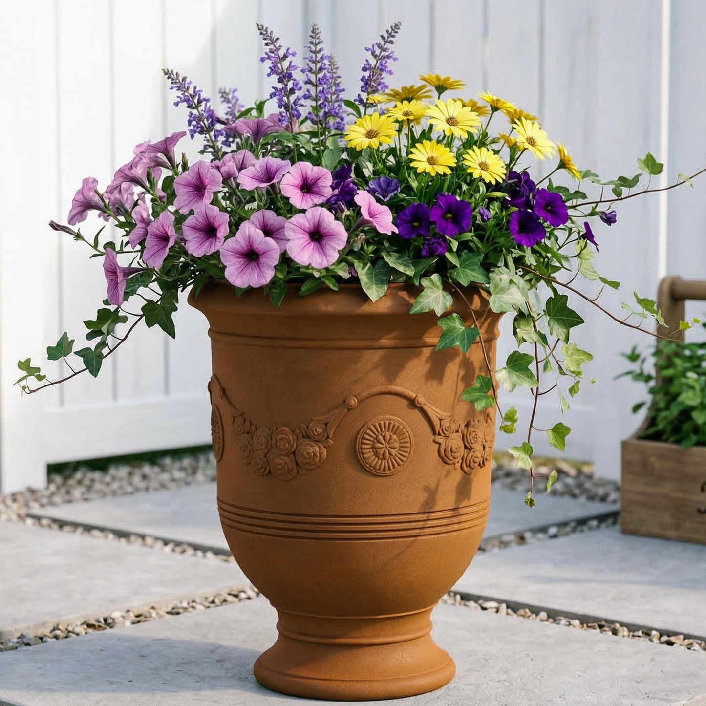 KOL Large Plastic Urn Planter - 16” Dia x 19” H Lightweight Classic Planter Pot with Cement Texture & Drainage Hole, Weather Resistant for Outdoor Plants, Patio, Garden Decor (Rusty)