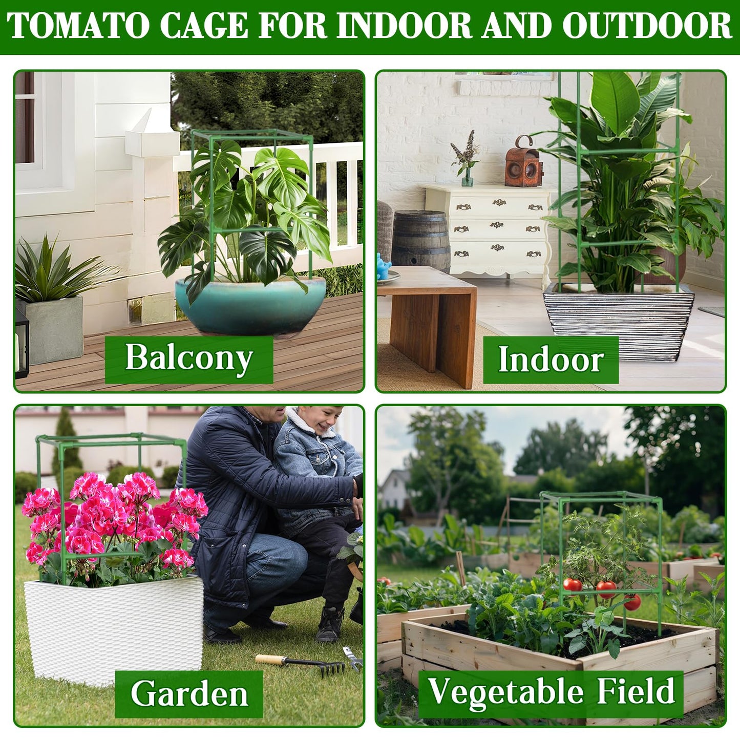 ZeeDix 6 Pack Heavy Duty Tomato Cages for Garden 60 Inches, Square Adjustable Tomato Trellis Cage Climbing Plant Support Trellis Plant Cages for Climbing Vegetables Flowers with 40Pcs Clips