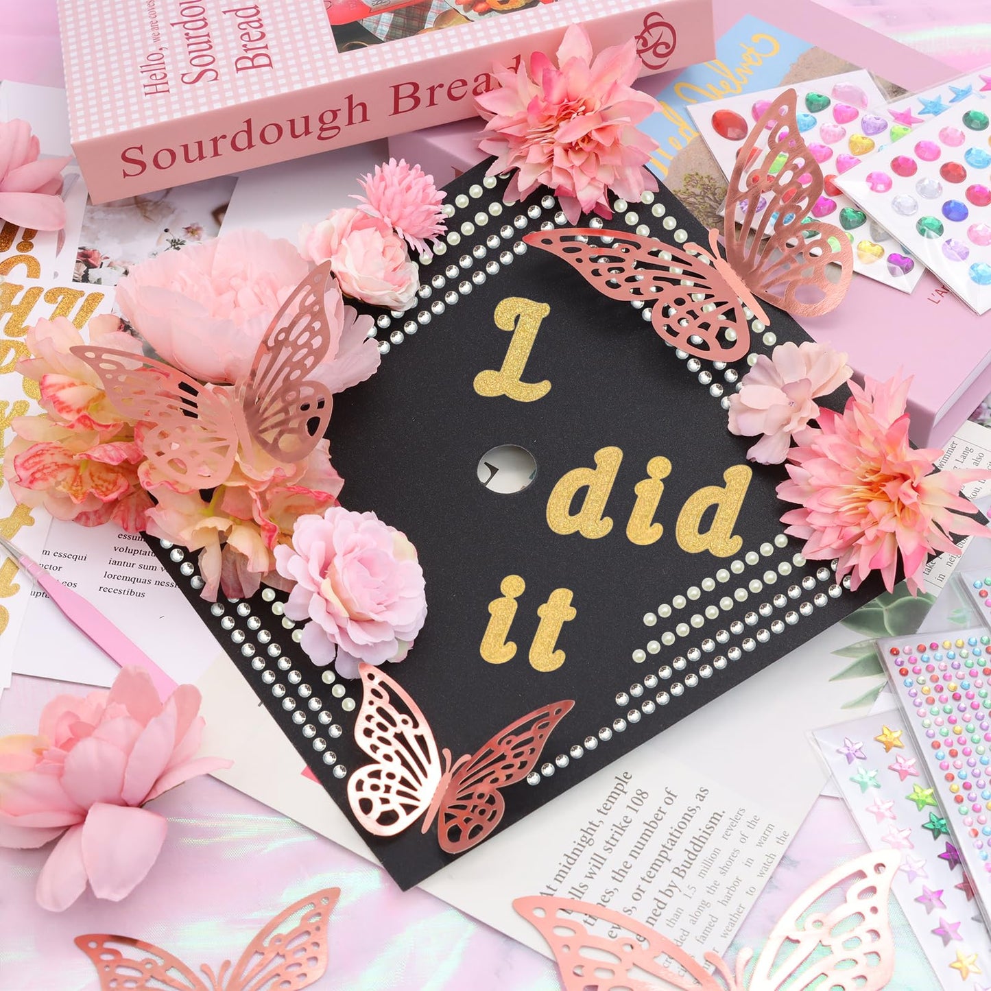 ZYNERY Graduation Cap Decorations Kit Grad Cap Topper Decor Includes Glitter Paper 3D Butterfly Faux Flower Letters Stickers, Cap Decorations for DIY Graduation Cap Topper (Pink)