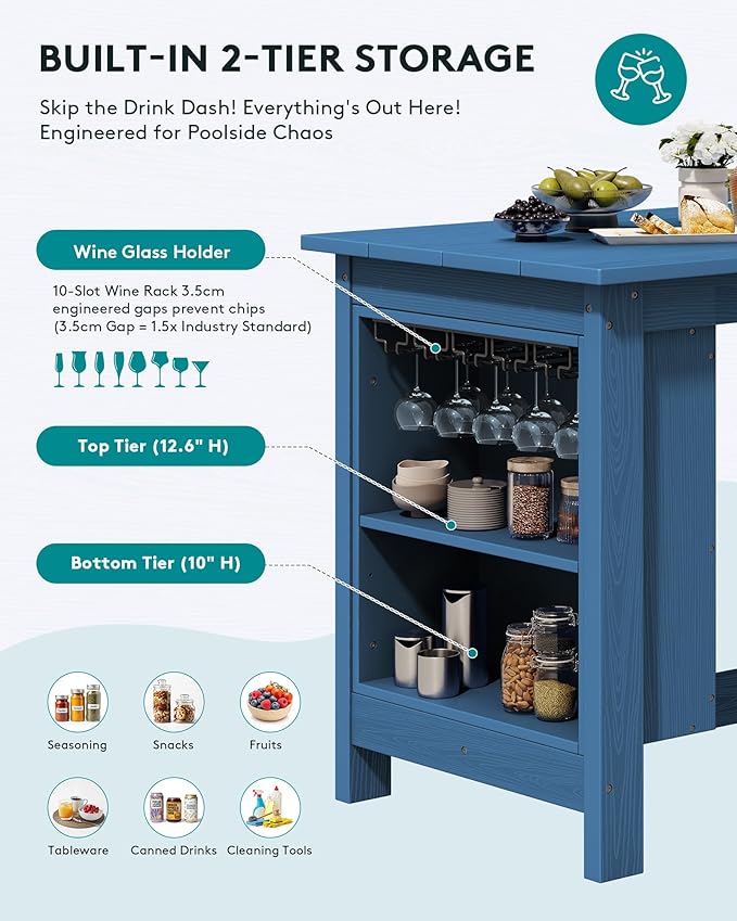 SERWALL 8-Piece HDPE Counter Height Dining Table Sets with Storage and Wine Rack, 2 Rectangular Bar Table with Bar Stools Set of 6 for Garden, Backyard, Kitchen, Blue