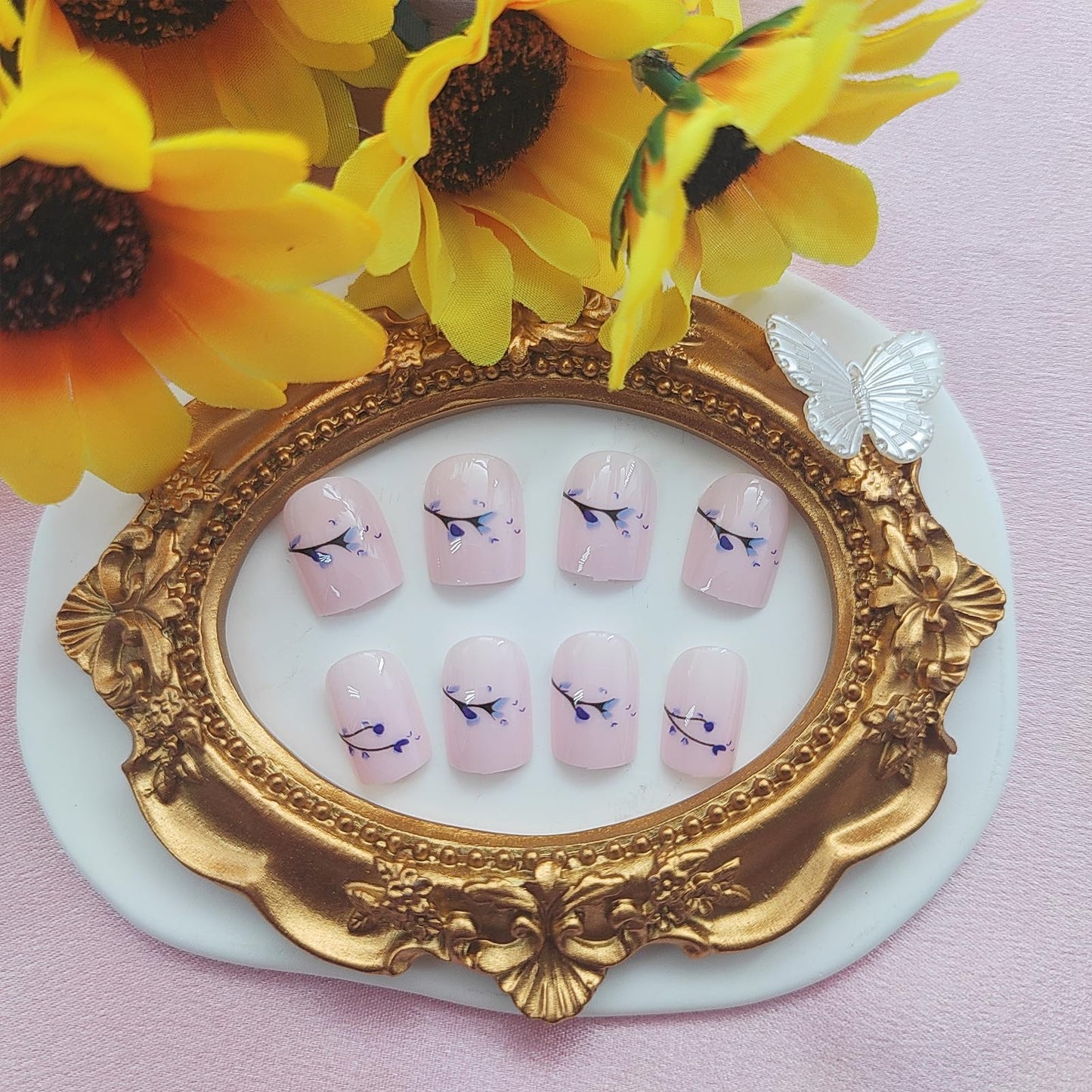 Short Press Cute Acrylic Nails - Glossy Glue on False Nails with Blue Floral Bud Designs - 24 Pcs