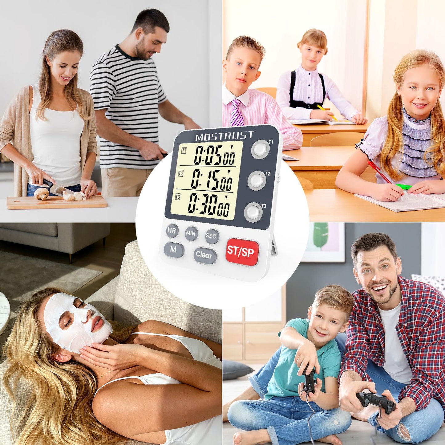 MOSTRUST Digital Dual Kitchen Timer, 3 Channels Countdown Triple Timer for Cooking, Magnetic Memory-Preset Large Display Adjustable Alarm Volume, Multi Times Management, 3A Battery Included, White