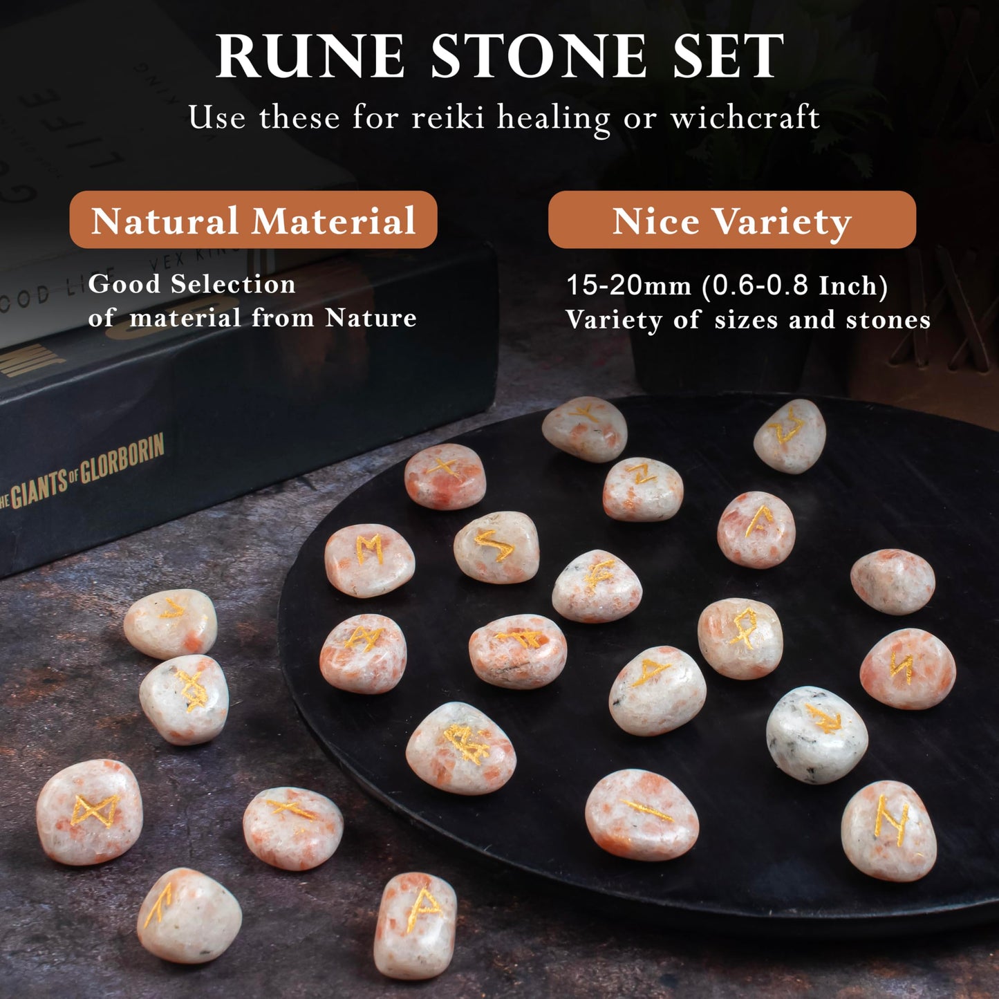 "Crocon Sunstone Rune Stones Set Engraved with Elder futhark Crystal Runes Set, Reiki Healing runas for Meditation Chakra Balancing, Rune Stone for Beginners with Crystal Guide & Pouch |15-20 mm"