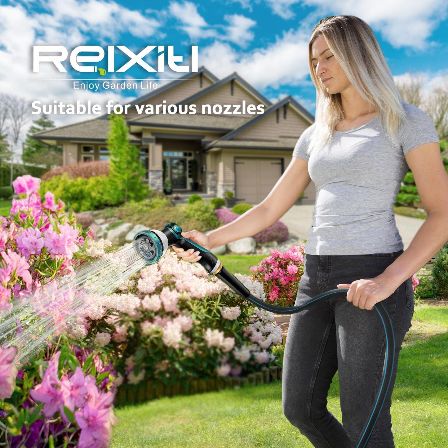 Non-Expanding Garden Hose 100ft – Flexible, Burst-Resistant, Anti-Kink, 10-Function Spray Nozzle, Lightweight & Durable for Outdoor Use(Blue or Green)
