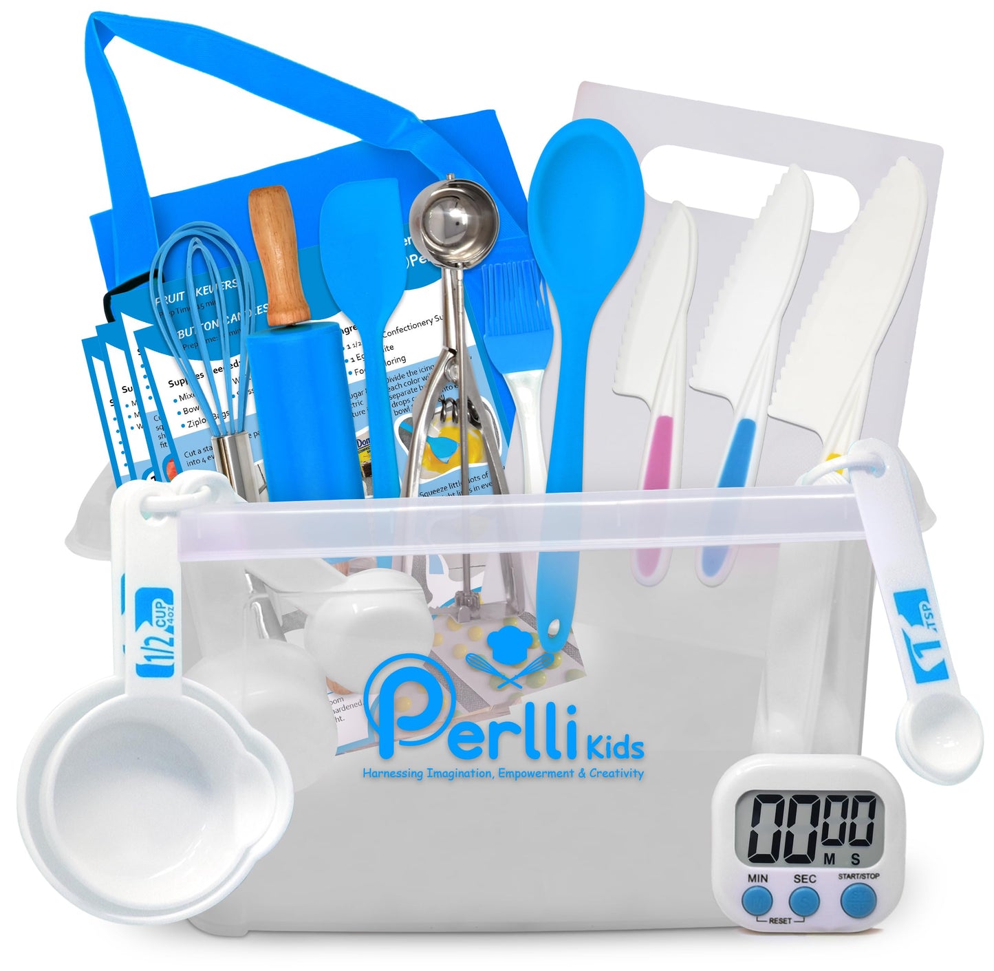 PERLLI Kids Real Cooking Set for Cooking and Baking – 31 Pc. Gift for Junior Chef with Real Utensils, Case & Safe Kids Knife Set for Boys & Girls – Fine Motor Skills & Fun for Children Ages 6+, Blue