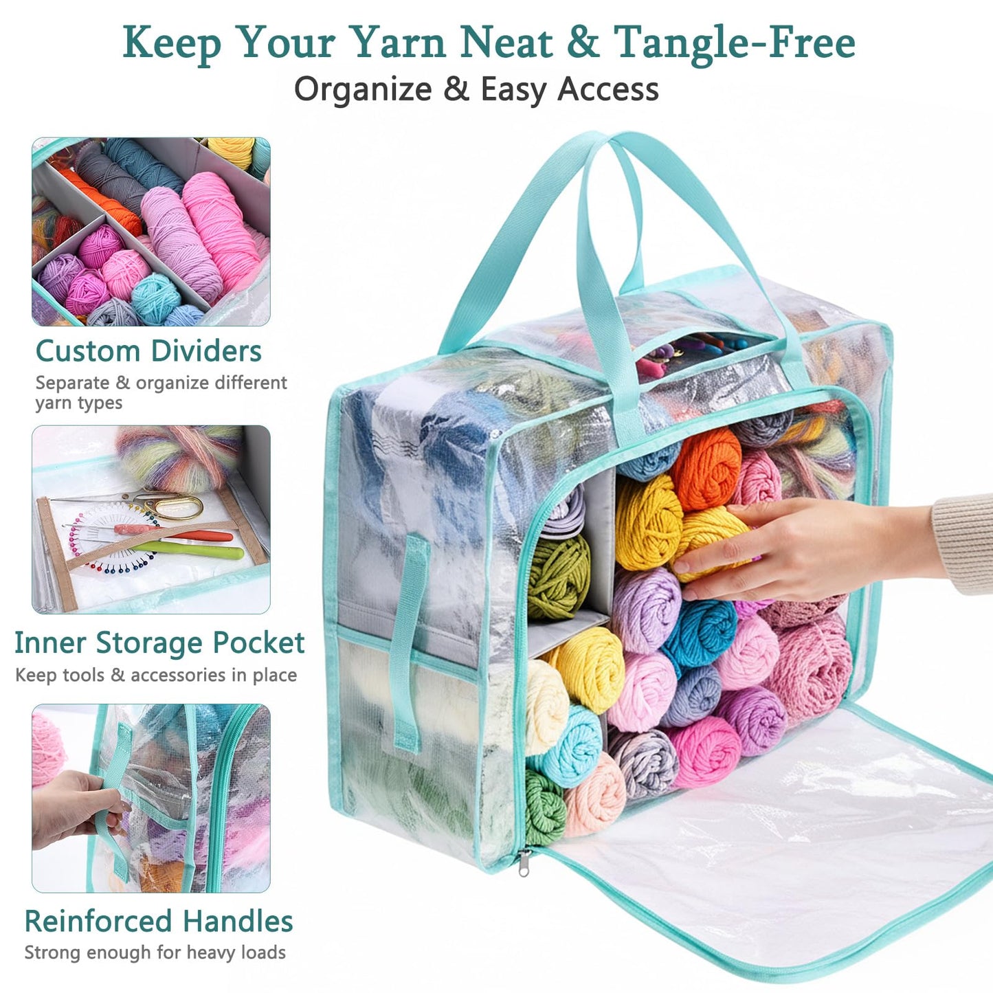 MYBAGZING Clear Yarn Storage Bags, 21" Large Flat Under Bed Yarn Organizer with Zipper & Handles, Stackable Knitting and Crochet Storage for Closet Shelves, Craft Room, Yarn Skeins, Hooks & Needles