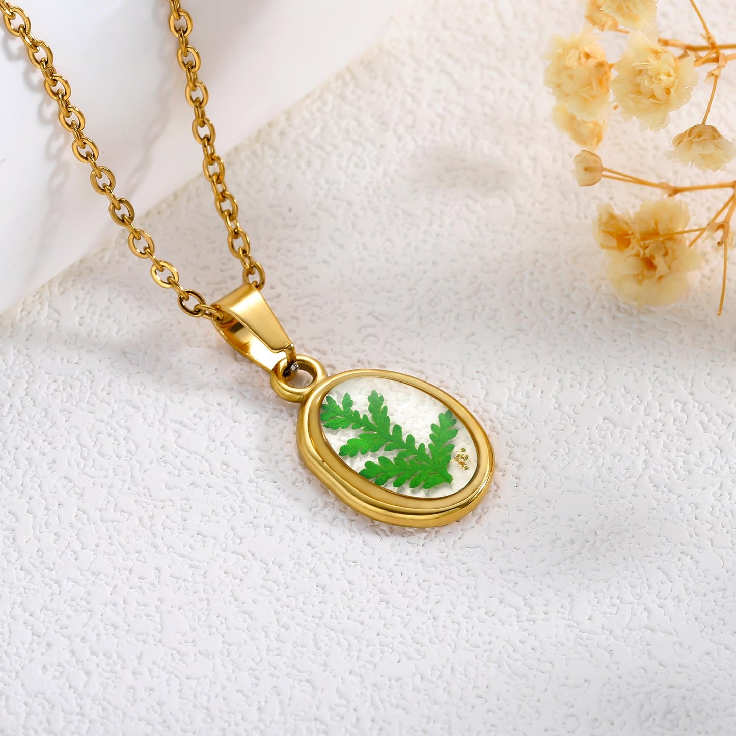 LETFLY Birth Flower Necklaces for Women, 18K Gold Plated Oval Shaped Handmade Floral Pendant, Pressed Flower Necklace Jewelry Gifts Courage