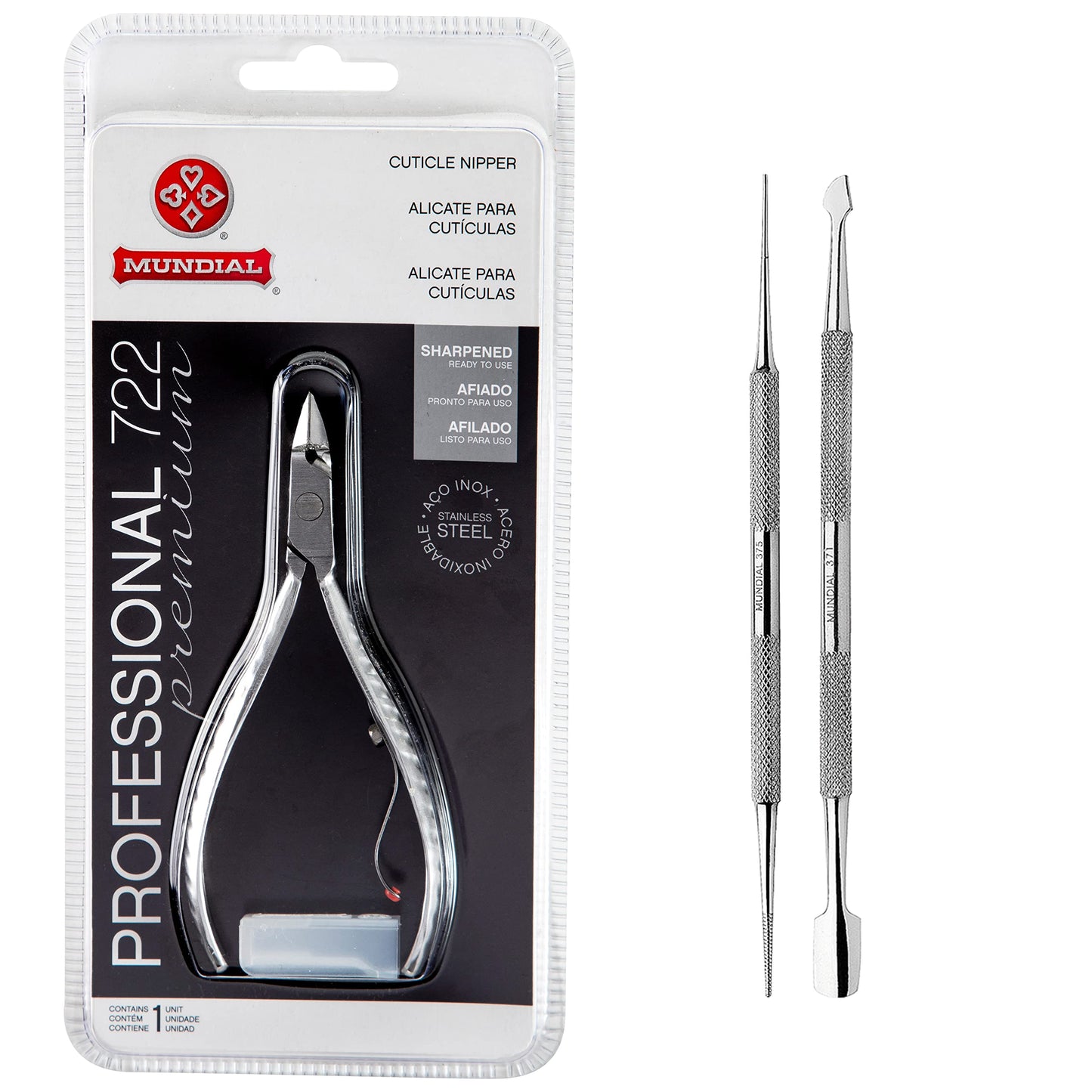 Mundial Professional Stainless Steel Cuticle Nipper 722-PR and Manicure and Pedicure Cuticle Pusher and Stick