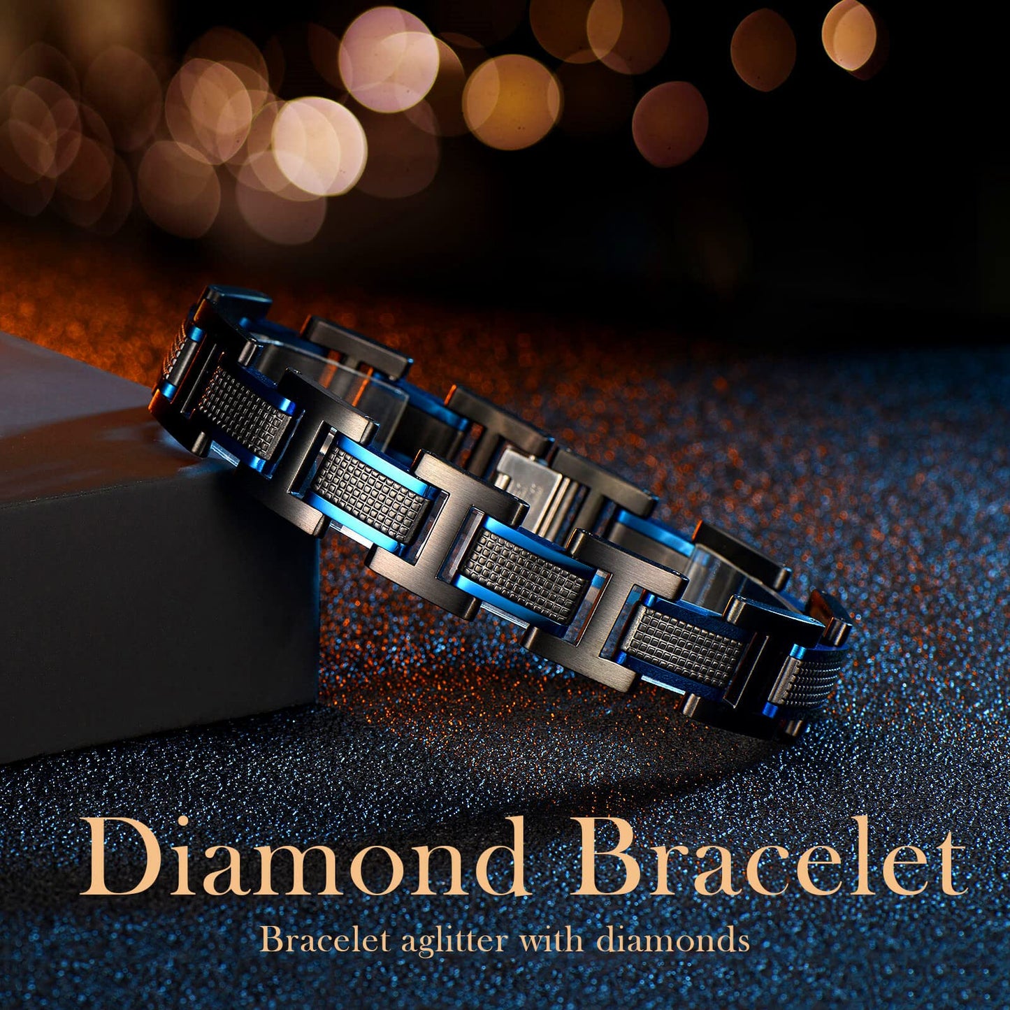 Zillaly Men's Stainless Steel Two-Tone Square Link diamond Bracelet in Black & Blue Ion-Plated Black (blue black)