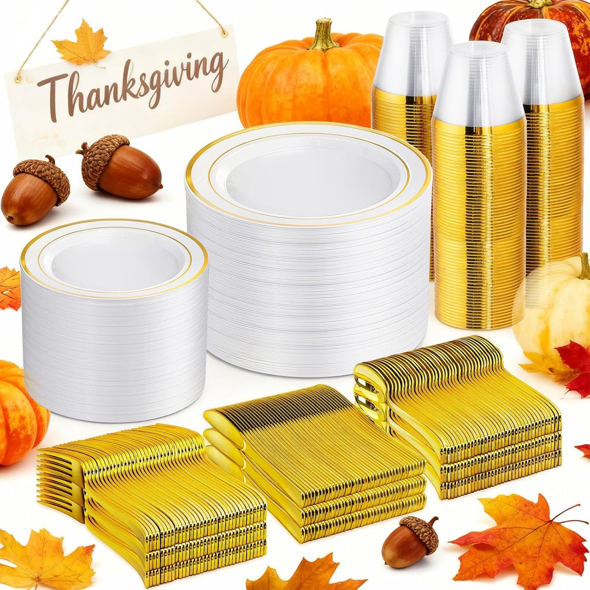 WELLIFE 600 PCS Gold Disposable Dinnerware Set for 100 Guests, Gold and White Plastic Plates for Party, 100 Each-Dinner & Salad Plates, Cups, Forks Knives Spoons for Wedding and Party